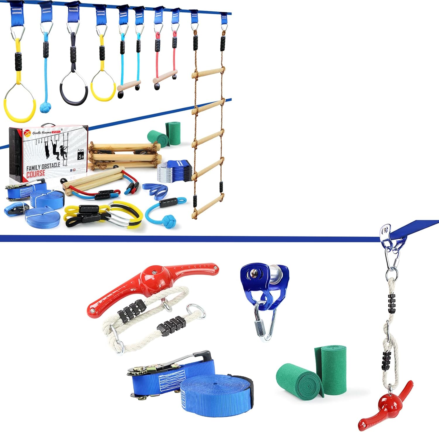 Ninja Warrior Line Obstacle Course for Kids with 3 Play Modes -2×56ft Slackline Ninja Kit Line, Anti-Slip Ninja Slider Slackline Pulley with 50FT Zipline ，Zip Lines for Kids and Adults : Toys & Games