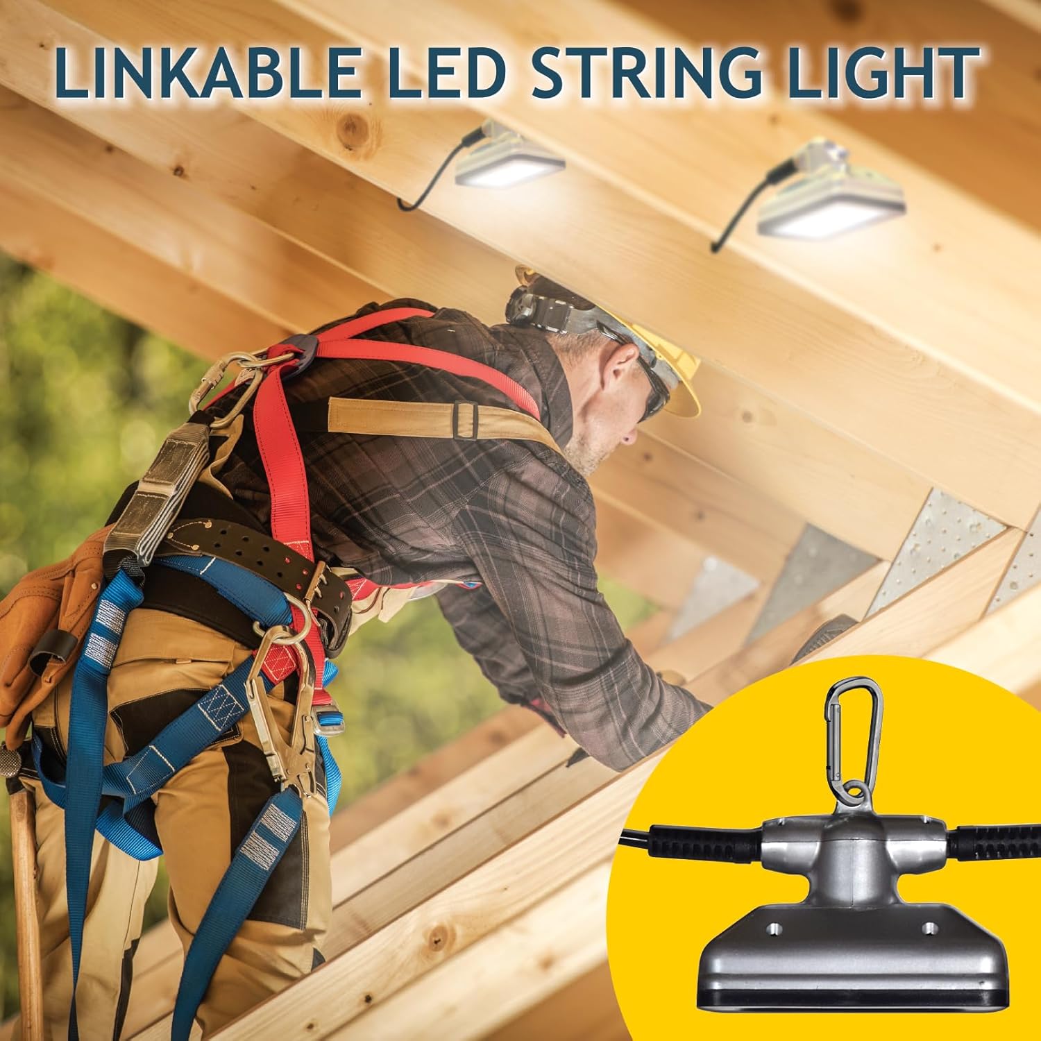 50FT LED Work Light 50W 5000 Lumen Damp Rated Construction String Lights Linkable for Jobsite Lighting, 5000k Daylight White, ETL Listed (5 Light Heads)