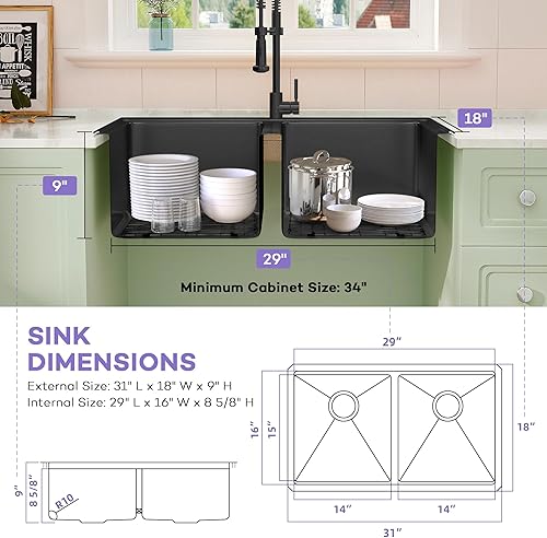 Vista 99 de LQS Fregadero de cocina dorado de 31 pulgadas, fregadero de cocina de acero inoxidable 50/50 de 31 x 18 pulgadas, fregadero de cocina de acero