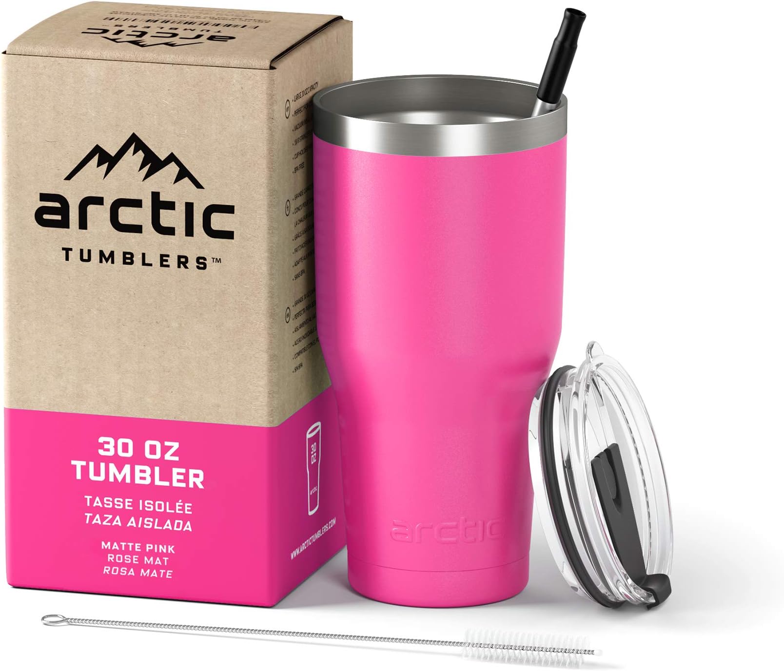 | 30 oz Matte Pink Insulated Tumbler with Straw & Cleaner - Retains Temperature up to 24hrs - Non-Spill Splash Proof Lid, Double Wall Vacuum Technology, BPA Free & Built to Last