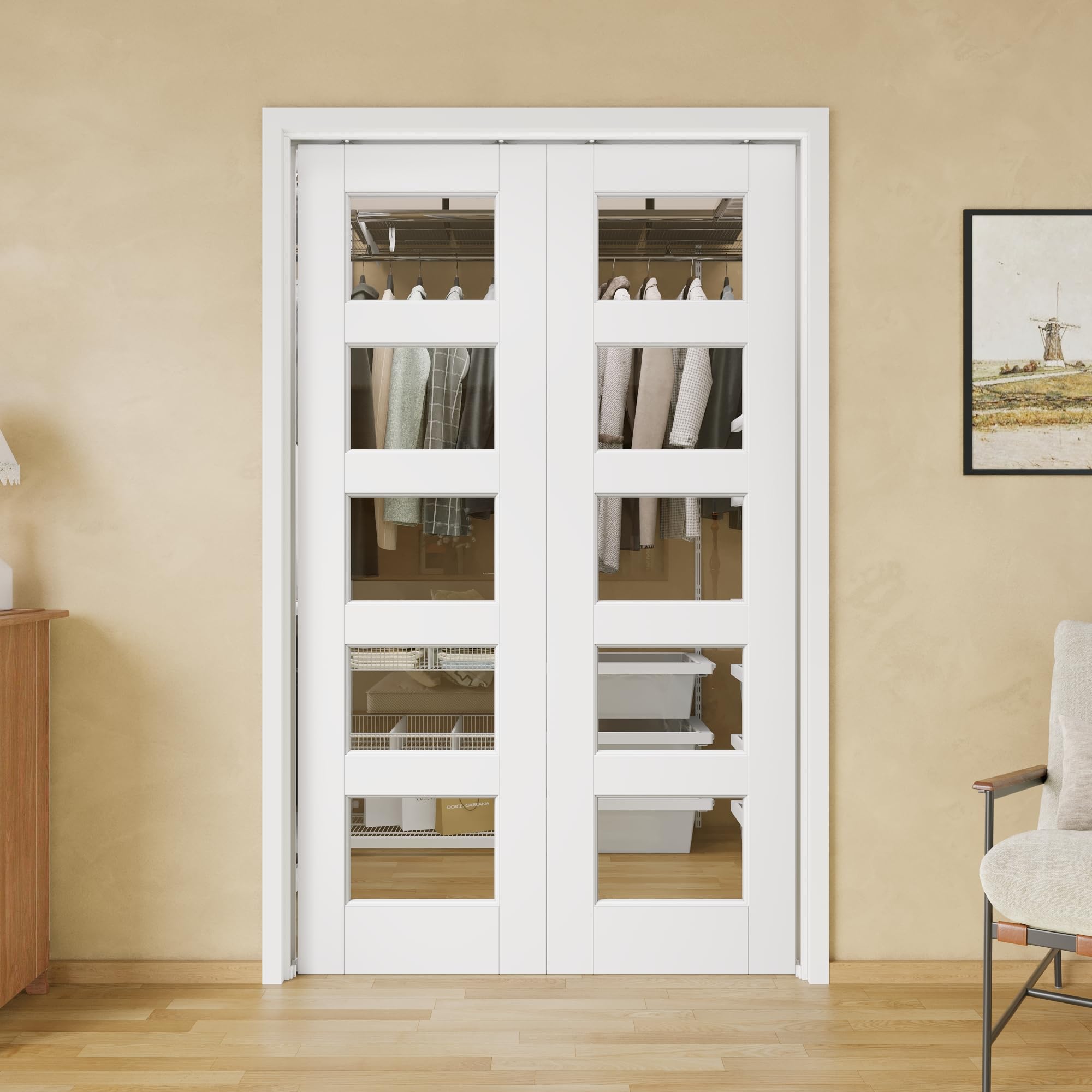 56x80 Double Glass Pocket Door,5-Lite Clear Glass Door,Sliding French Doors