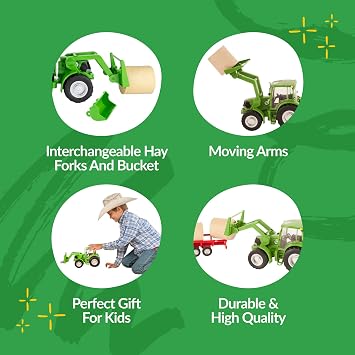 Big Country Toys Tractor & Implements, 1:20 Scale, Toy Tractor with Hay Bale and Bucket Attachment, Working Doors, Green, Ages 3 and Up...