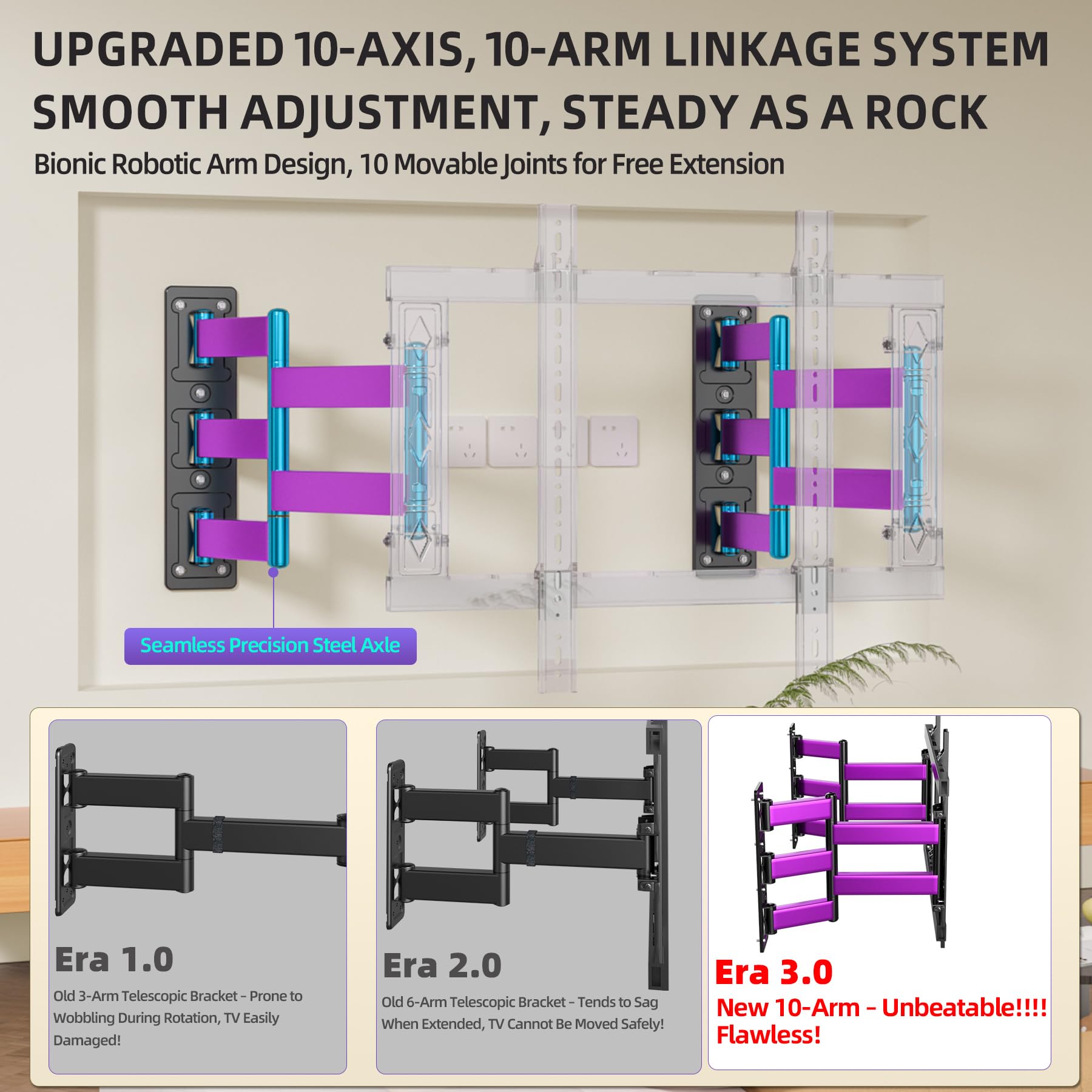 Supporto TV a Parete 10 Bracci Gran Portata 120 kg, 65-100 Pollici | Staffa TV Angolo Stanza, Profilo Ultra Sottile, Doppia piastra a muro, Piastra adattabile Standard VESA 600x600 mm