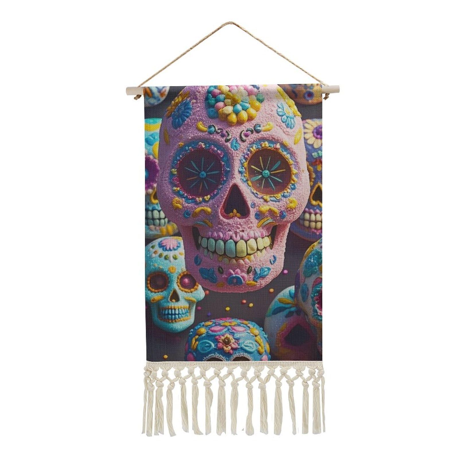 FekiLoot Sugar Skull Wall Art Poster Hanger Frame Vertical Tassel Tapestry Cotton Linen Hanging Poster Decorative Wall Art Prints Vintage Wall Art Decor for Home Bedroom Living Room Office