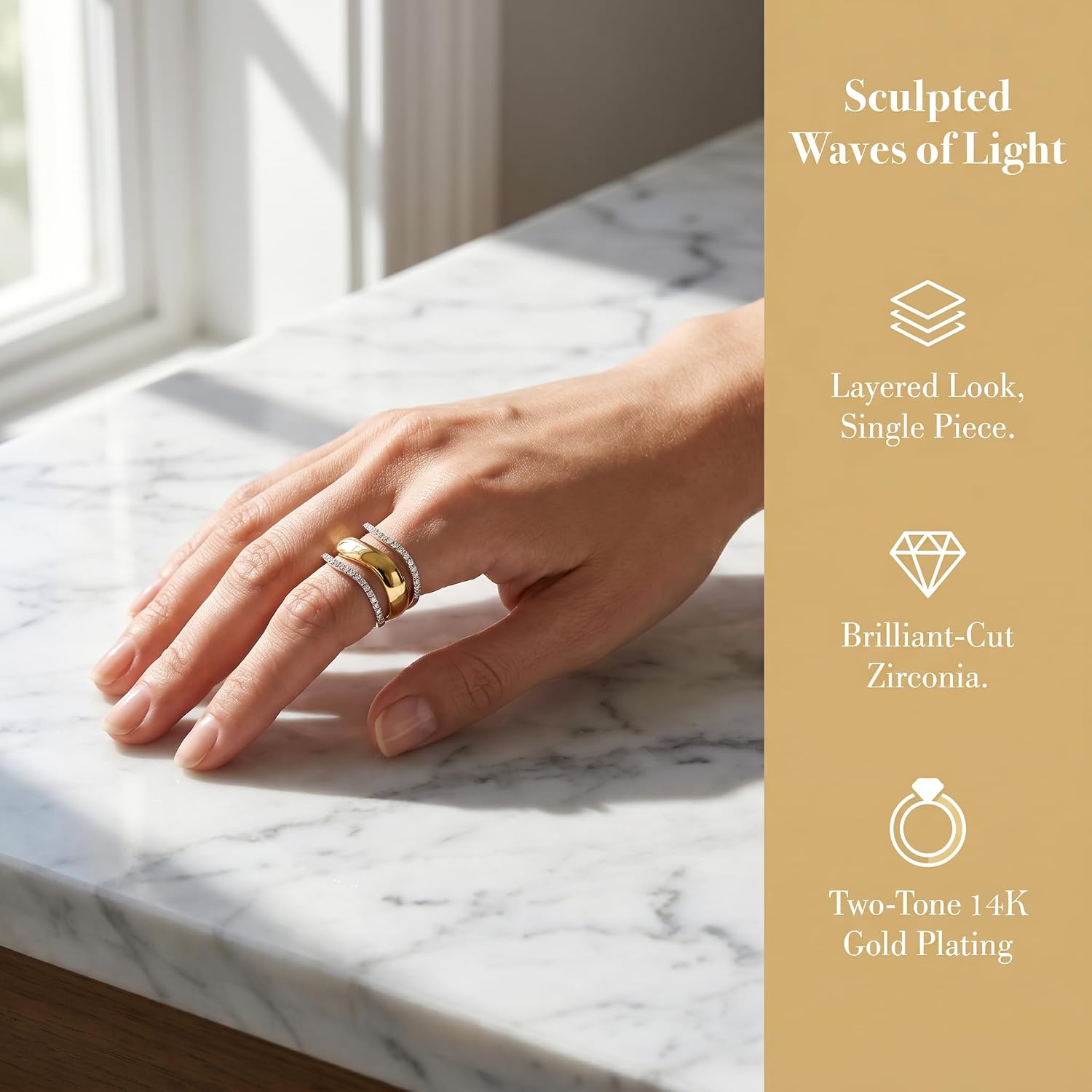 Stackable Gold Rings for Women Wavy Band Mixed Metals Dainty 14K Gold Plated Cubic Zirconia Wedding Bands Ring Set Minimalist Thumb Promise Engagement Eternity Ring Stack Jewelry Size 5-11