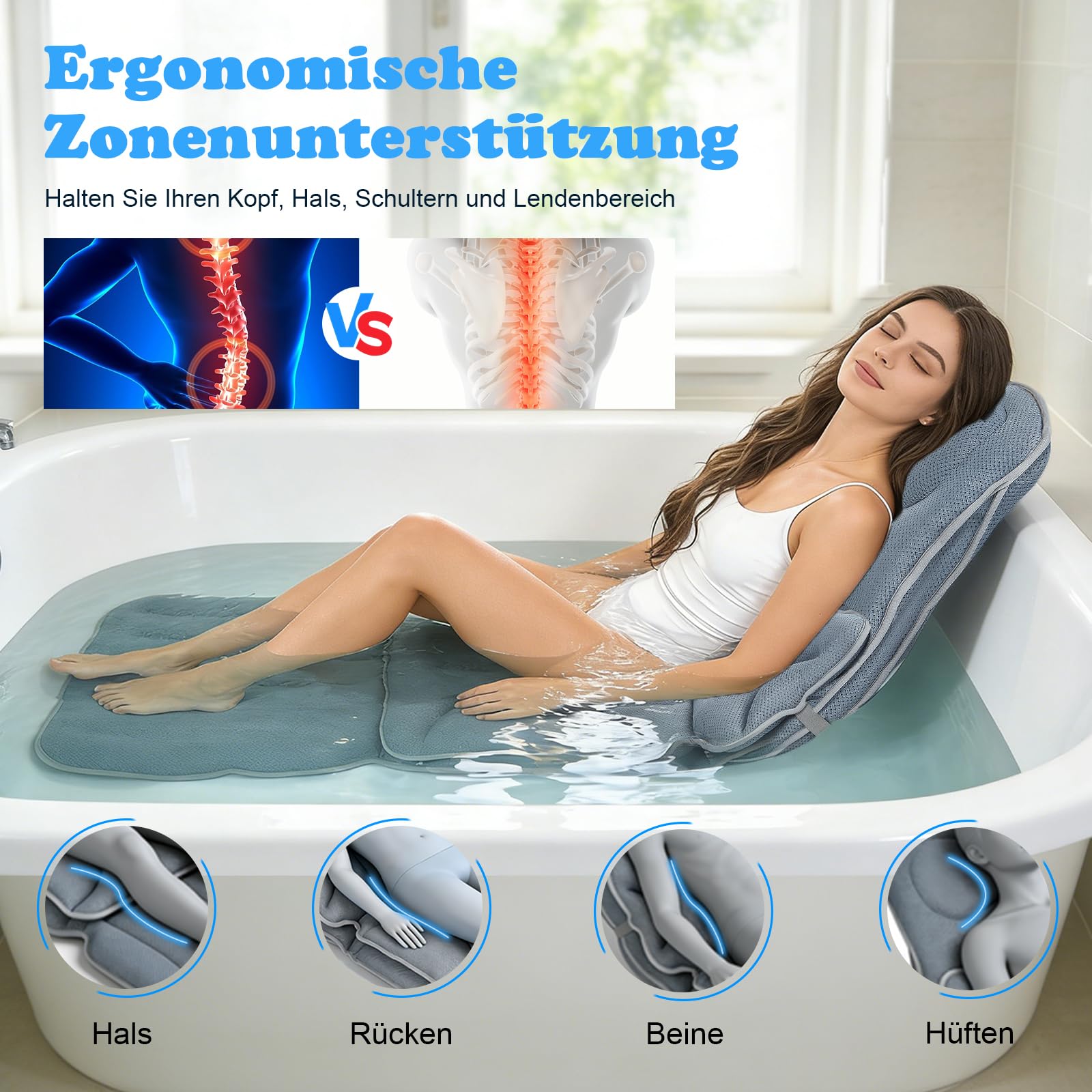 2 In 1 Badewannenkissen Ganzkörper 139 * 45cm+69 * 45cm,Mit Abnehmbares Kinderbadekissen,Mit Saugnäpfebad Anti-Rutsch,Unterstützt Nacken,Rücken,Beine,Badewannenmatte Mit Kissen Für Home Spa