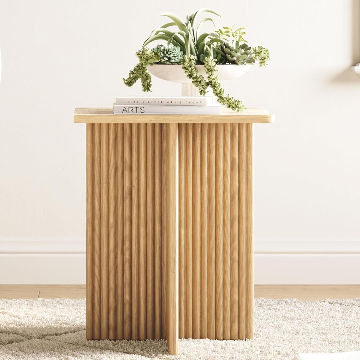 Square Fluted Accent Side Table - Pedestal Drink Desk - Modern Home, Bedroom, and Living Room Furniture - Small End Table with Solid Wood X-Base and Wood Veneer Top (Natural Oak)