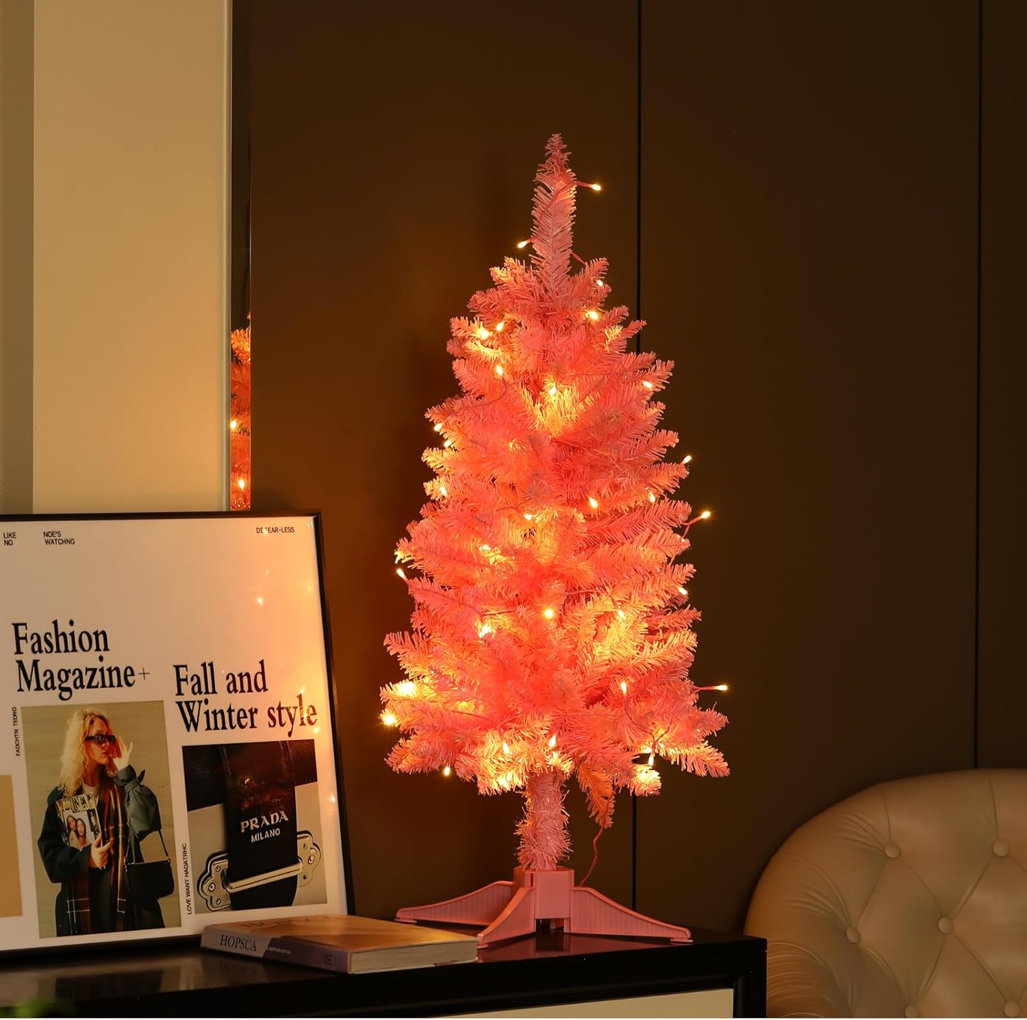 3FT Pink Christmas Tree with Lights - Hinged Small Artificial Xmas Tree - Includes 50 LED String Light, 160 Tips Dense Branches & Detachable Stand - Pink Christmas Decoration Tree for Holiday
