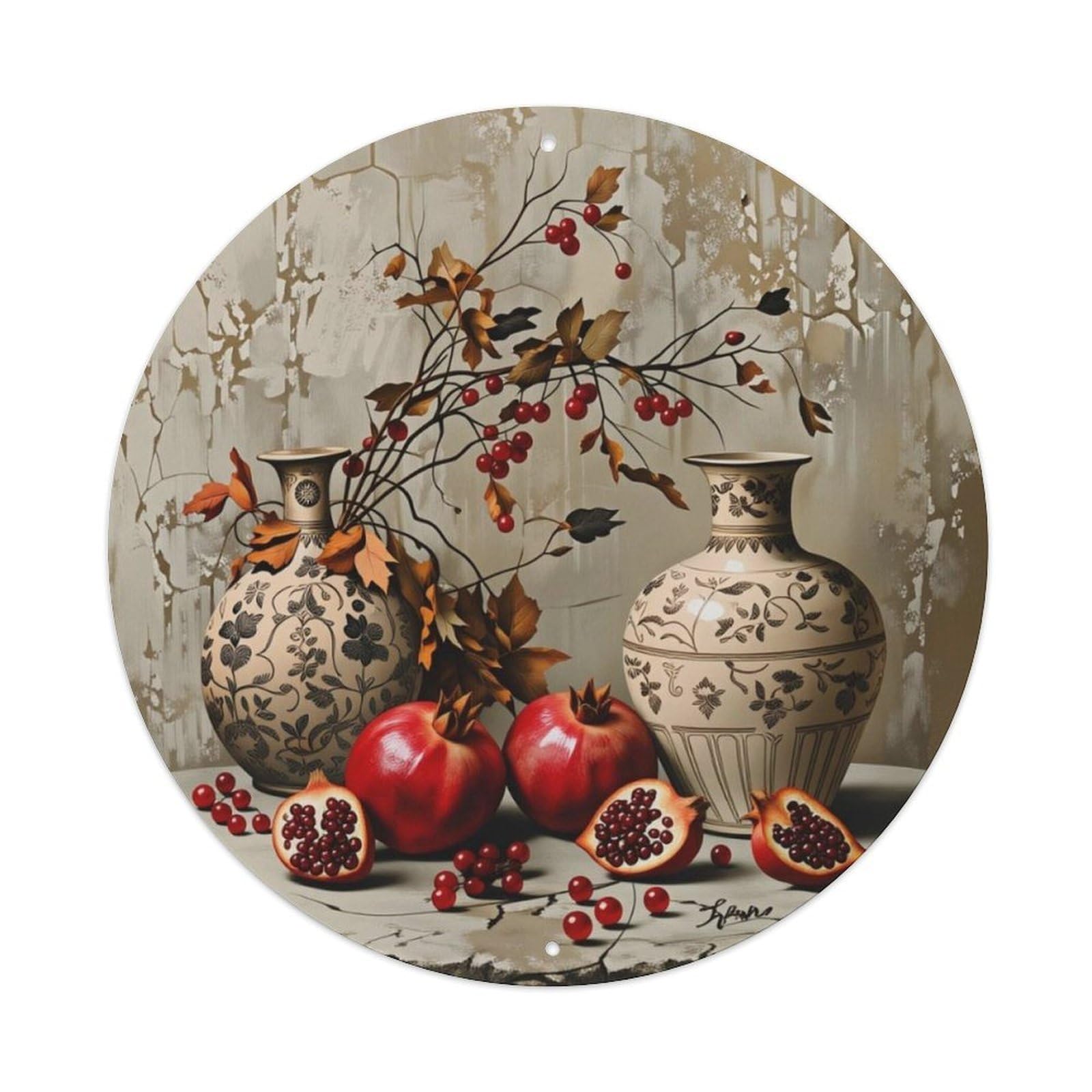 Vintage Vase Pomegranate Still Life Round Sign Vintage Aluminium Metal Sign, Retro Wall Decor for Home, Bar, Garage & Farmhouse 20x20cm