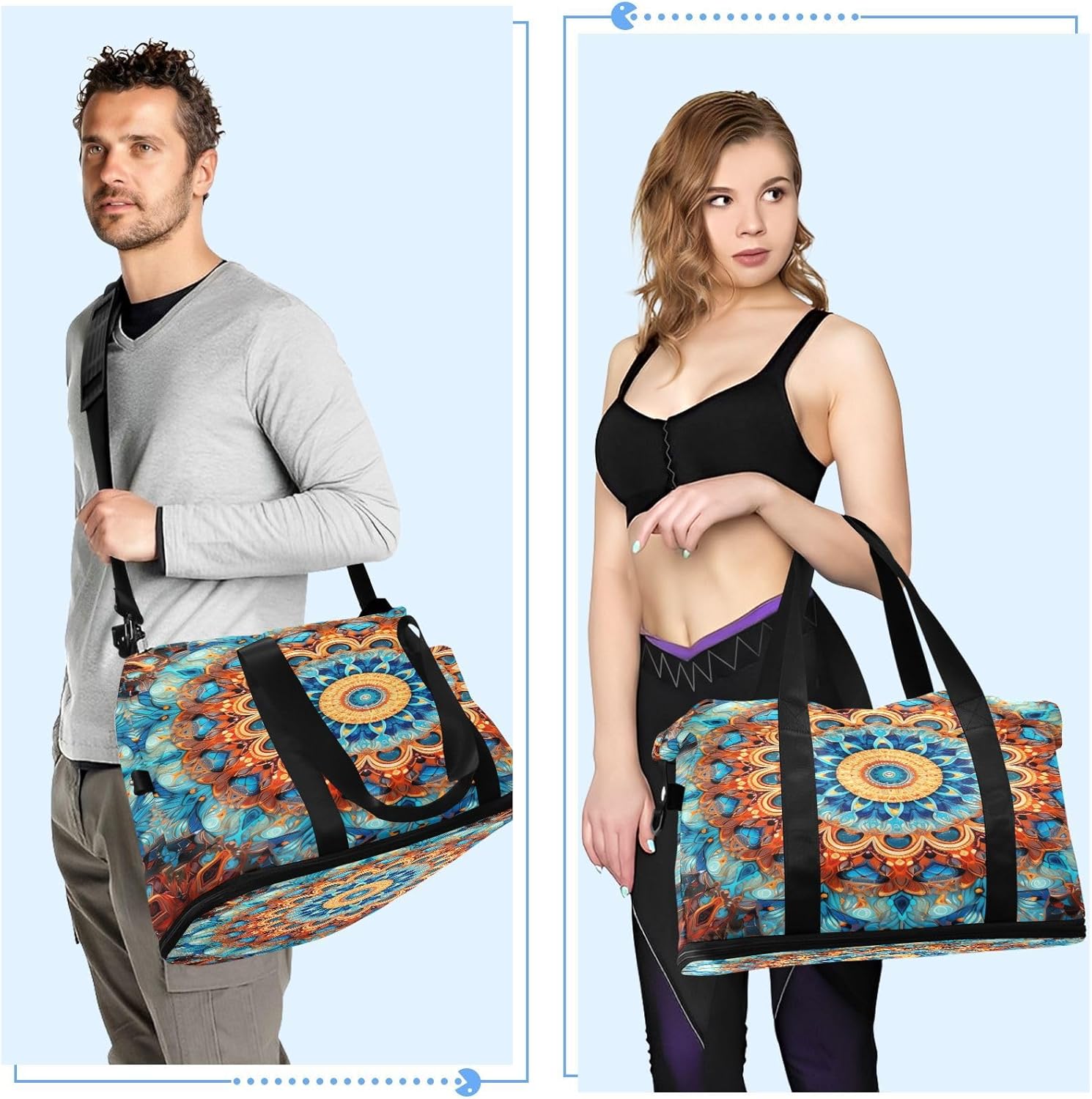 xigua Gym Bag Fantastic Mandala Pattern Travel Duffel Bag - Sports Gym Bag with Dry Wet Pocket Cosmetic bag & Shoes Compartment for Women and Men
