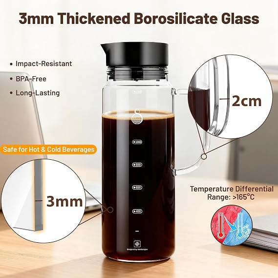 SAMBANGAN Cold Brew Coffee Maker Glass Pitcher with Stainless Steel Double Mesh Filter (1500ml)