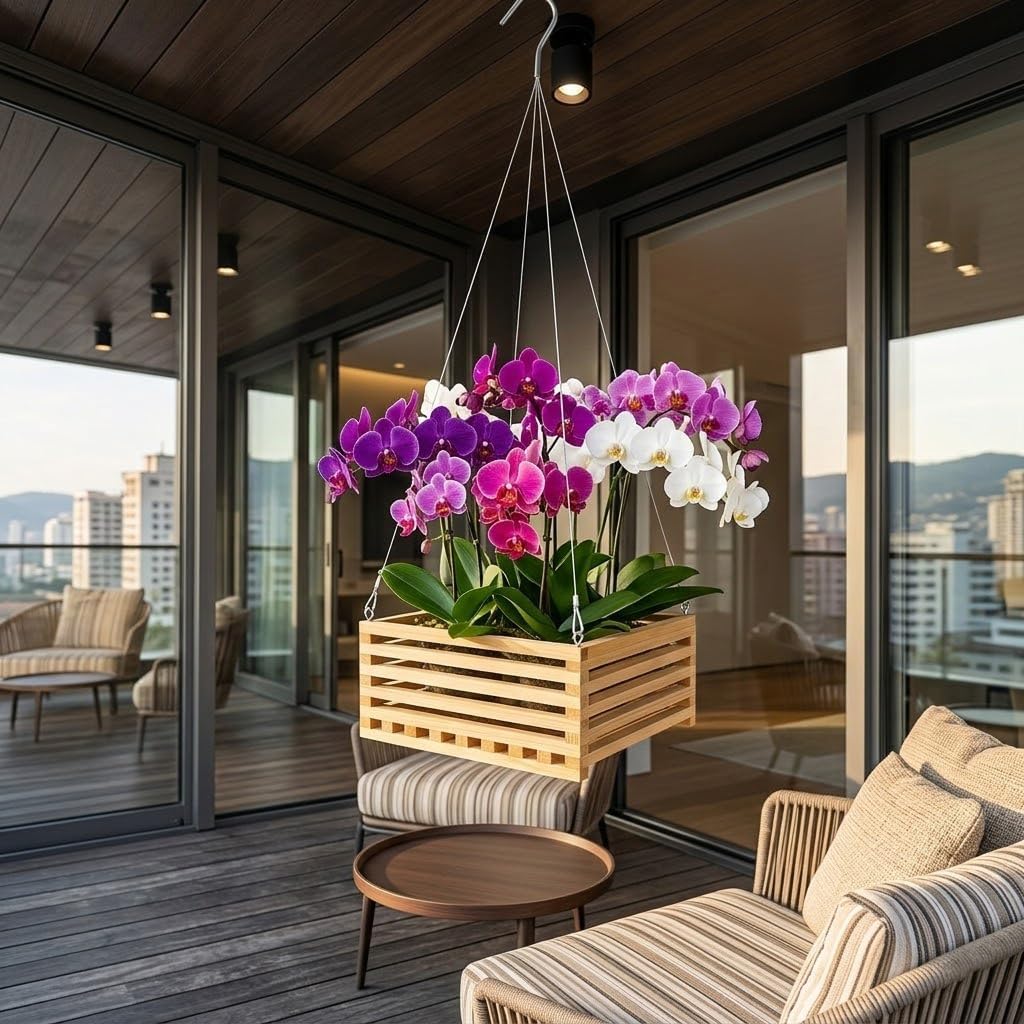 10" Wooden Orchid Basket with Hanger for Vandas & Ferns, Square Wood Hanging Planter for Patio, Balcony Decor, Garden Flower Pot for Indoor Outdoor Plants