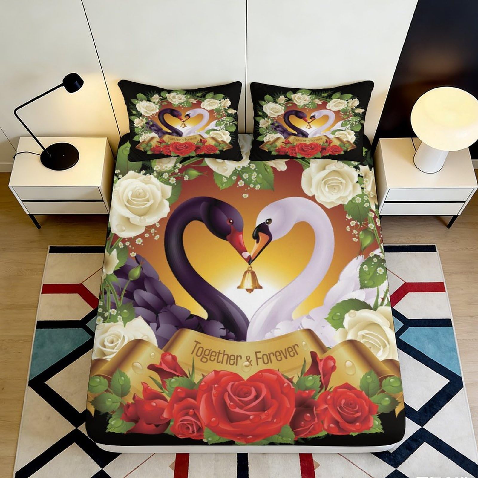 3D Printed Romantic Swan Heart Fitted Sheet Microfiber Floral Rose Bed Cover for Bedroom Dorm Mattress Decor 90x200x25cm