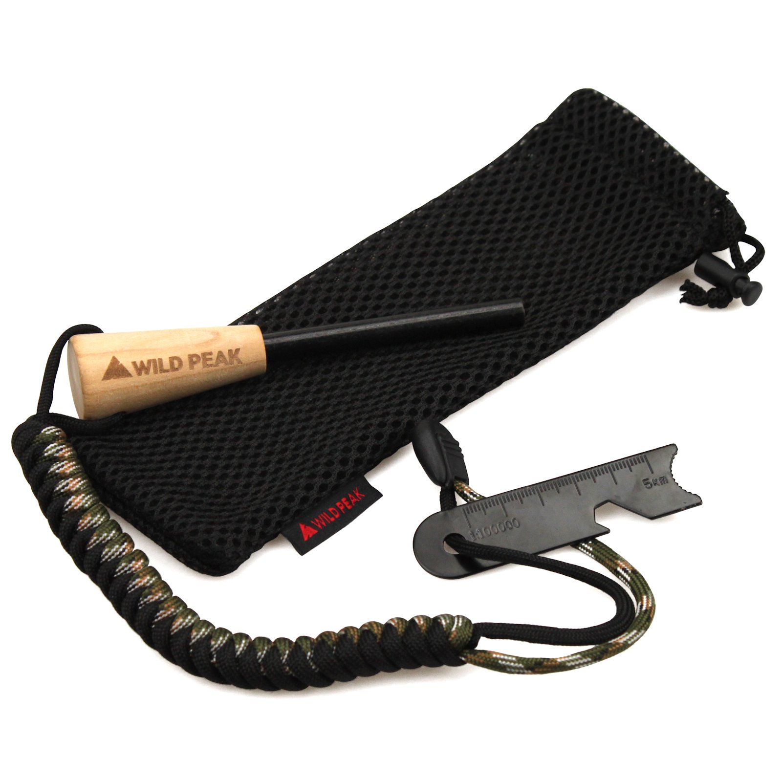 Wild Peak Premium Fire Steel with Paracord Strap & Carry Bag - Quality Ferro Magnesium Rod Fire Starter with over 2m of Military Grade 550 Parachute Cord for Survival & Bushcraft from
