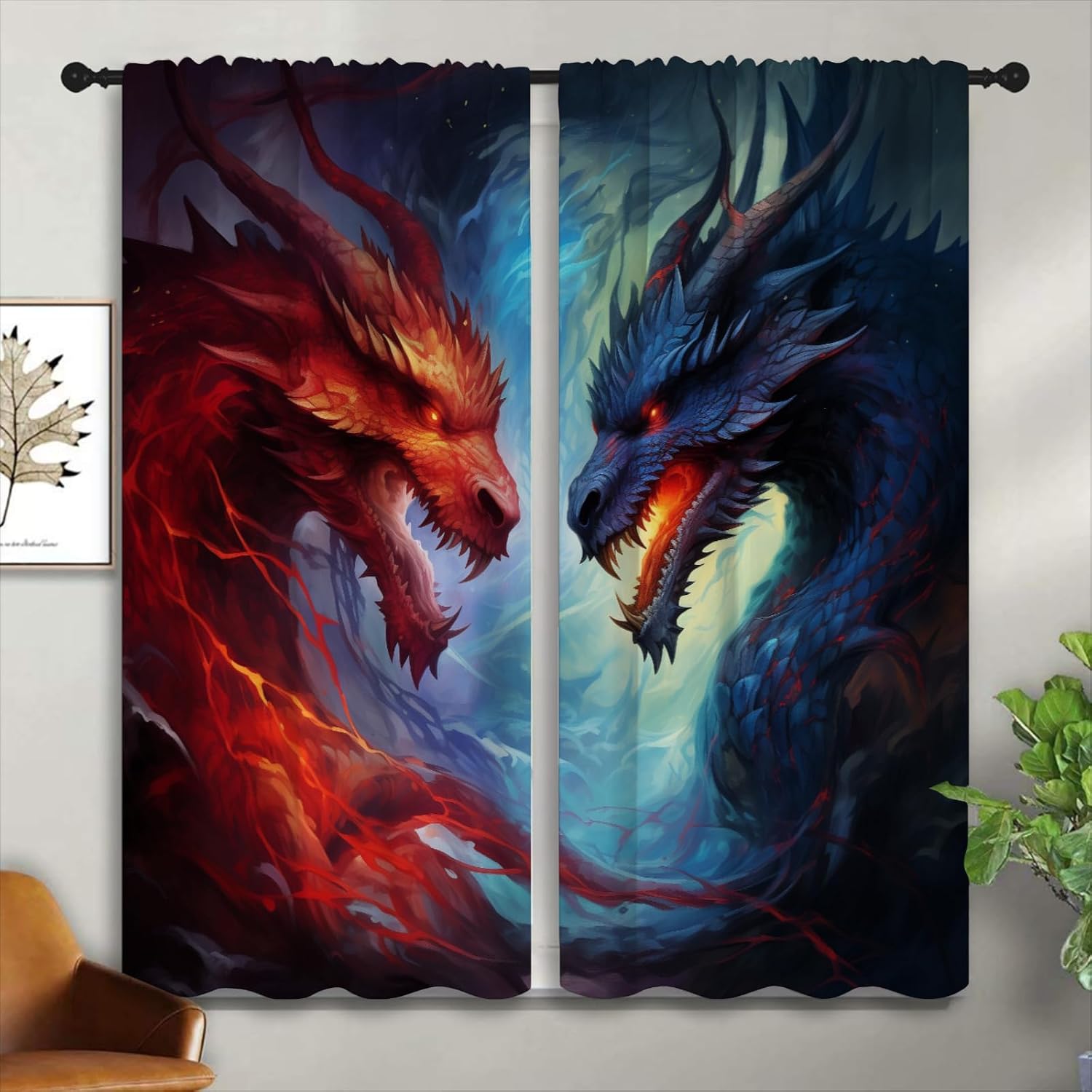 Red Blue Dragon Blackout Curtains for Boys Girl Bedroom Home Decor, Magic Wildlife Cool Lightning Flame Thermal Insulated Rod Pocket Darkening Living Room Window Drapes, 42 x 45 inch