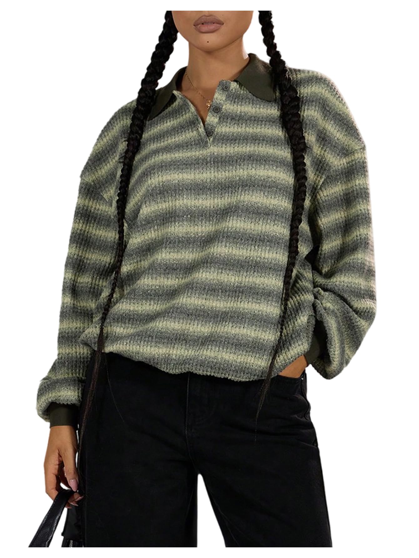 Milumia Womens Striped Color Block Collared Sweater Y2k Long Sleeve Knit Going Out Pullover Tops