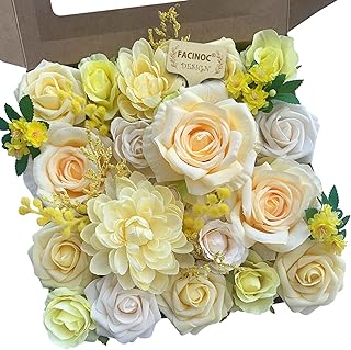 Roses Artificial Flowers Yellow Combo Box Set Fake Flower Bulk for DIY Bouquet Wedding Centerpieces for Table Bridal Baby Shower Party Decorations Silk Floral Arrangements Home Decor Indoor