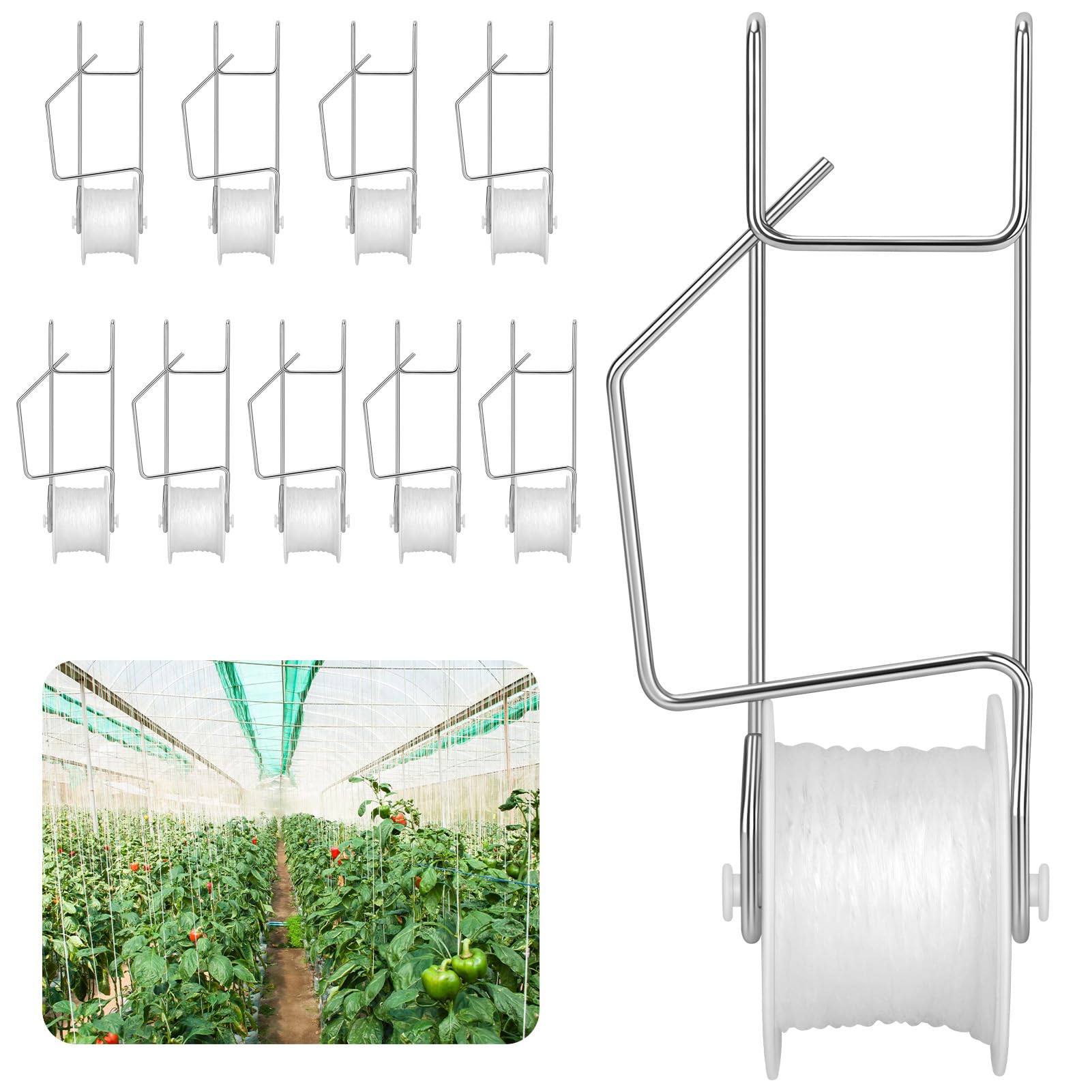 Photo 1 of 10 Pack Tomato Roller Hooks with 49.2FT Rope Tomato Hooks, Flower Vine Rope Crop Trellis Kit for Tomatoes, Plants, Greenhouses, etc