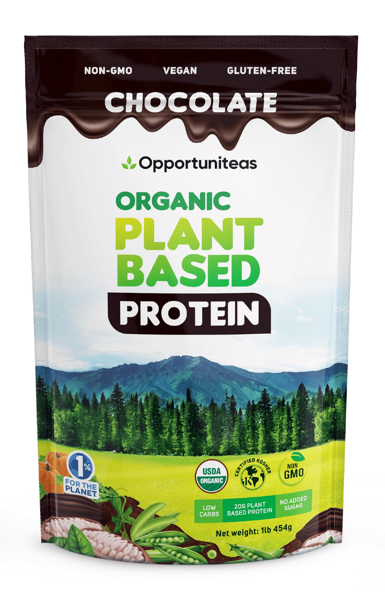 Opportuniteas Organic Plant Based Chocolate Protein Powder, 1 lb 12 Servings