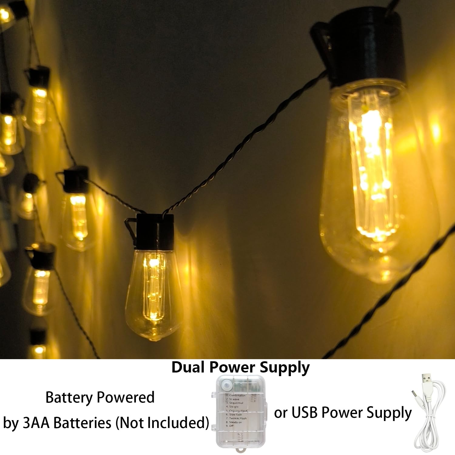 Batteriebetriebene Außenlichter, 20 LEDs, Edison-Glühbirnen, Lichterkette mit 8 Modi und Timer, USB-Stecker-Lichterkette für Innen- und Außenbereich, Schlafzimmer, Balkon, Terrasse, Camping