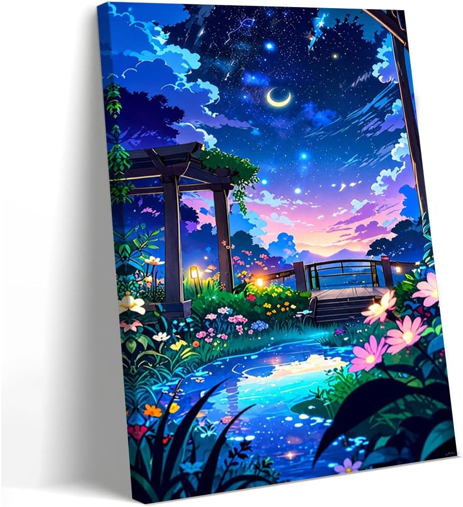 Framed Canvas Wall Art Ready to Hang Anime Fantasy Nature Landscape Decor for Home Wall Decoration 16x24in
