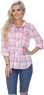 white mark Women's ''Oakley'' Roll-up Long Sleeve Plaid Flannel Shirt