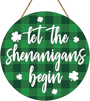 YUNKKIN St. Patrick's Day Buffalo Plaid Wreath Let the Shenanigans Begin Door Hanger