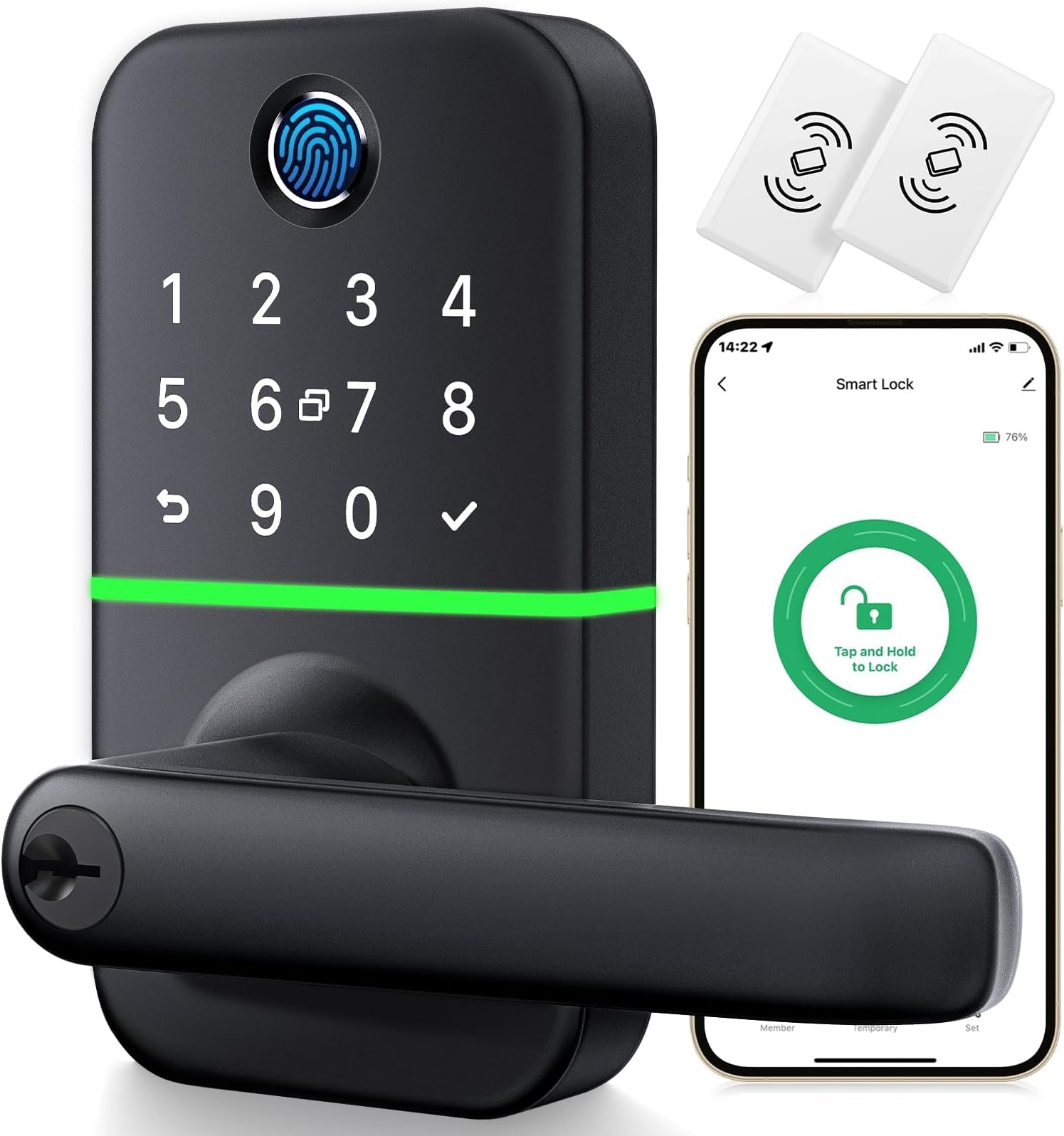 Keypad Smart Door Lock with Handle: Kucacci Keyless Entry Fingerprint Lock - Digital Code Handle with Keypad - Electronic Smart Knob for Front Door - Deadbolt Alternative with App - Easy Installation