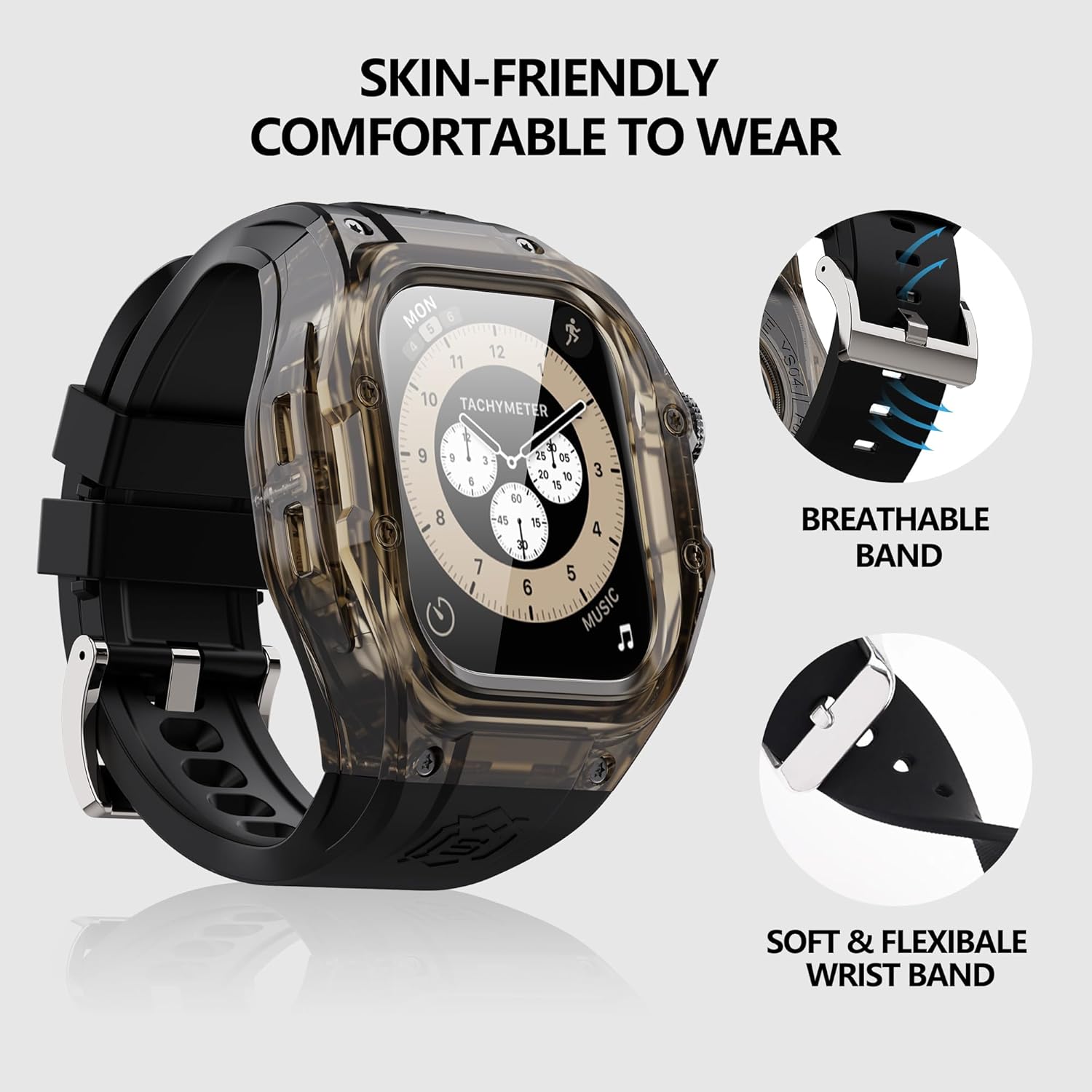 ShellBox Rugged Watch Case, Built-in Screen Protector Waterproof Shockproof Band Strap for Apple iWatch Series 10 46MM, Women Men Silicone Bumper iWatch Band with Case Cover, Clear-Black - Image 6