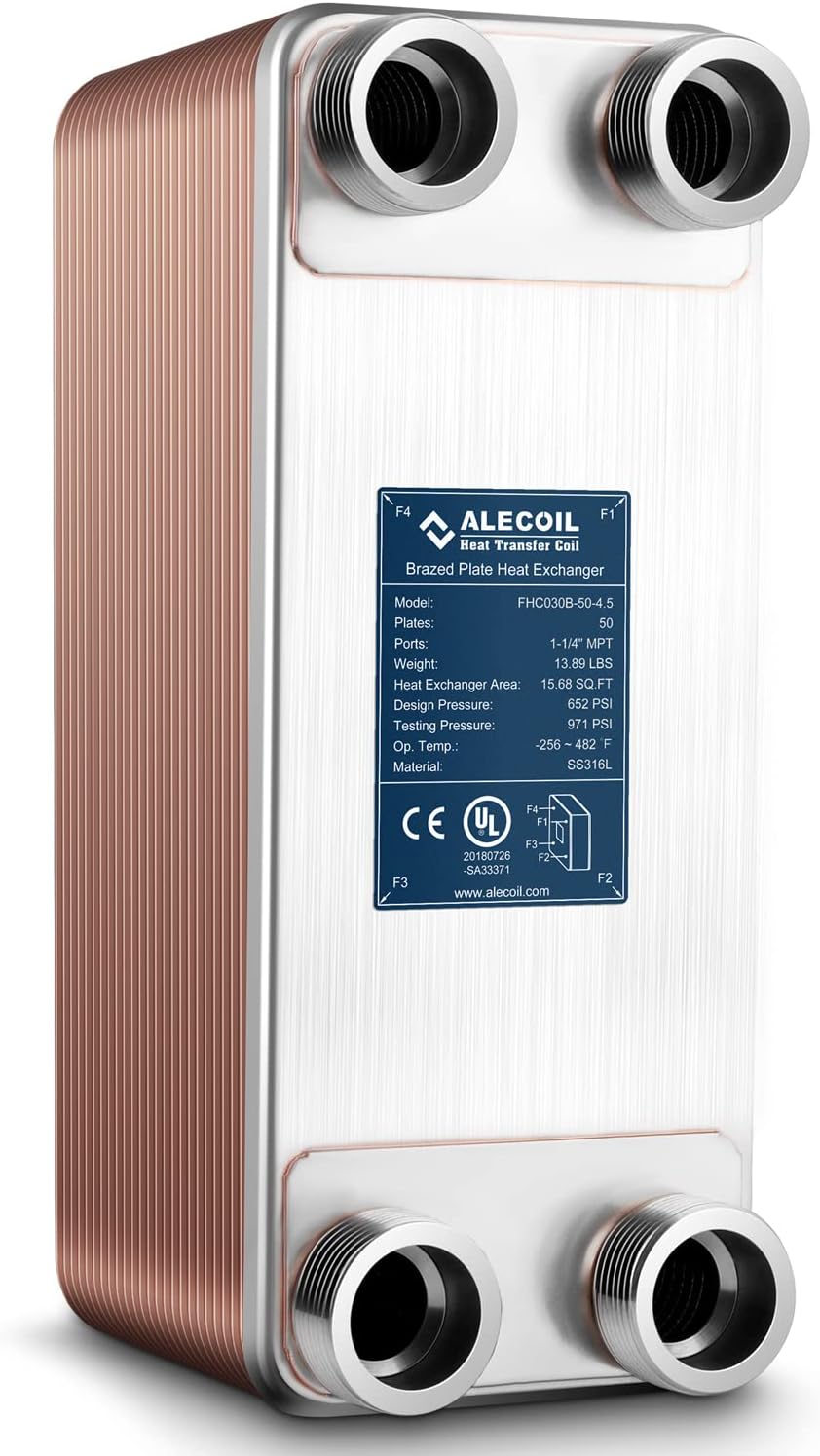 Alecoil 5"x12" 50 Plates Heat Exchanger with 1-1/4" MPT Port Water to Water 316L Stainless Steel Brazed Plate Heat Exchanger for Water Heating, Floor Heating, Commercial and Industrial Refrigeration
