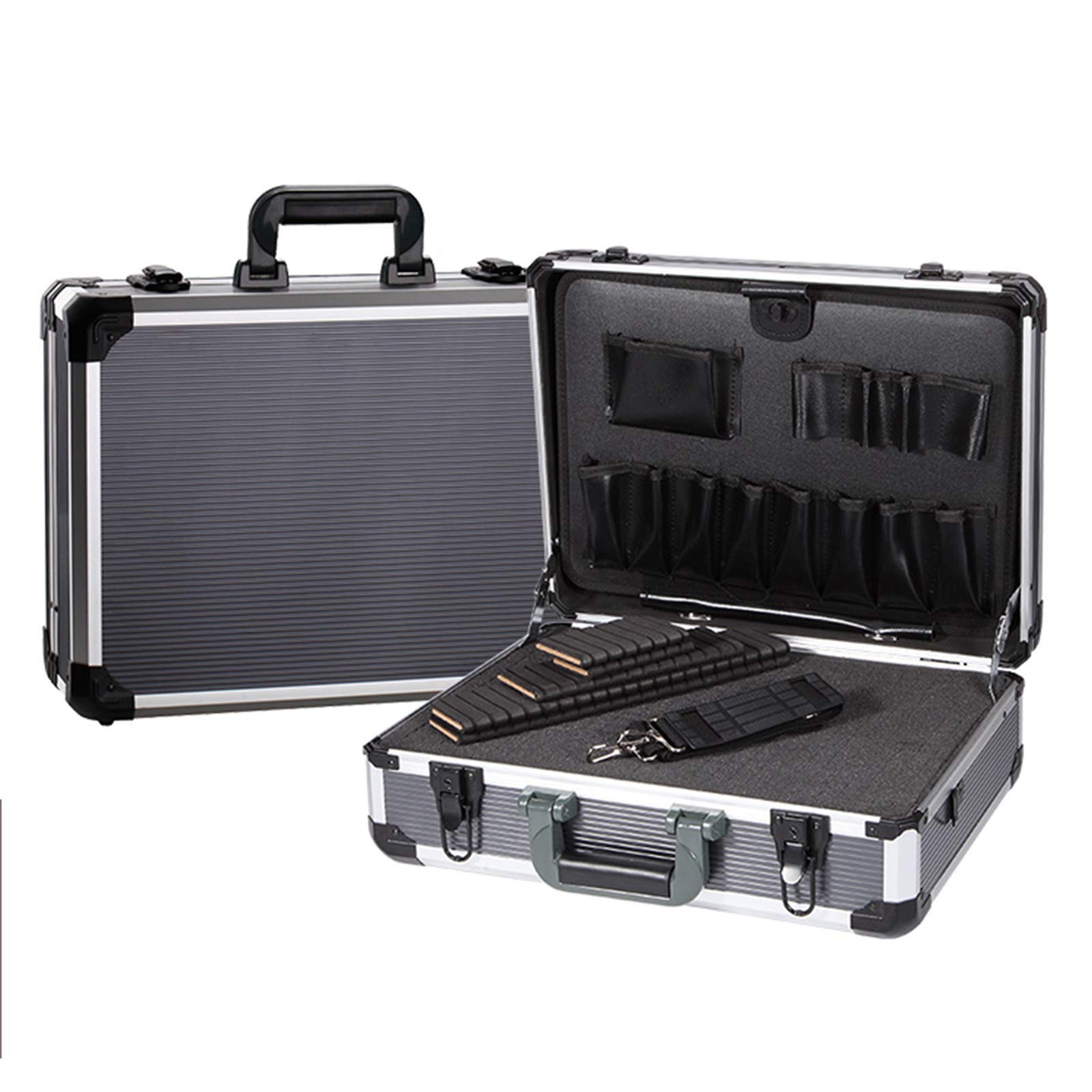 Zamykana aluminiowa walizka lotnicza, przenośna walizka do przechowywania przenośna z ochronną skrzynką narzędziową z pianki 450 x 330 x 155 mm, z gąbką - 450 x 332 x 152 mm