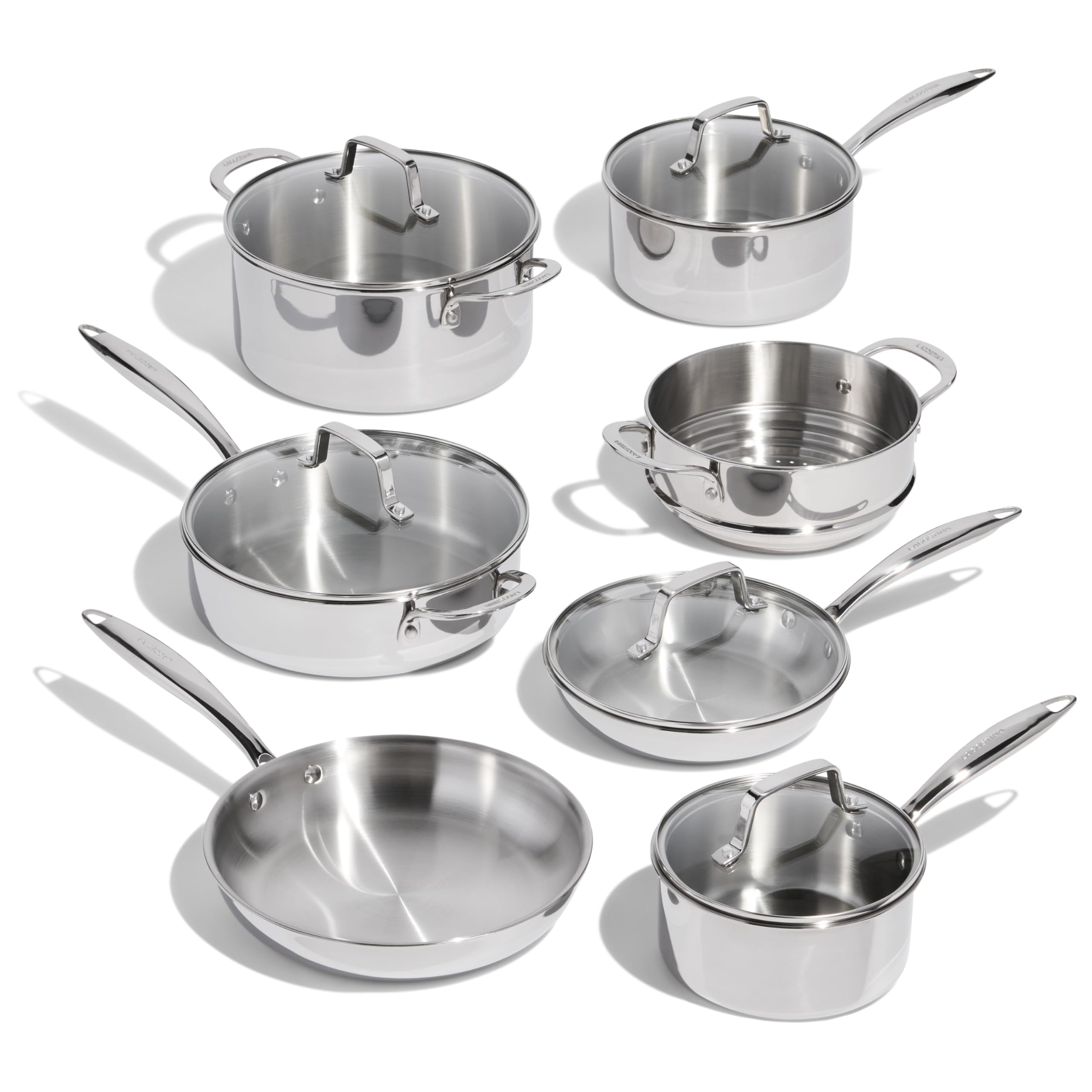 3 Ply Clad, 12-pc Cookware Set , Stainless Steel Pots and Pans, stay-cool cast stainless steel handles, tempered glass lids ,Induction safe, Oven Safe 500°F without the lids