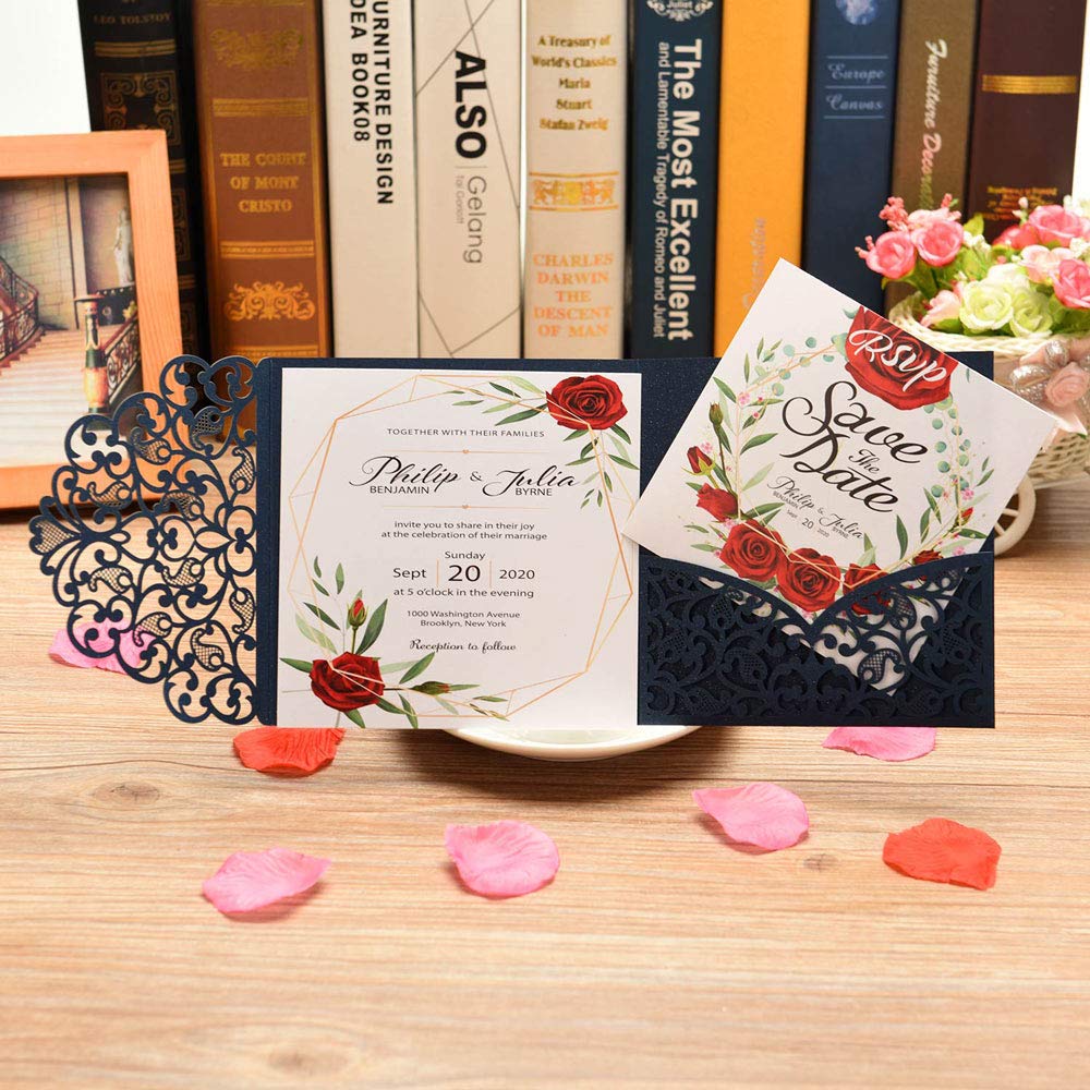 CYSKY Hochzeitseinladungskarte 40 Stücke laser geschnittenes Hochzeitseinladungskit mit leerem bedruckbarem Papier und Umschlägen für Hochzeit, Geburtstag, Jubiläum (Blau)