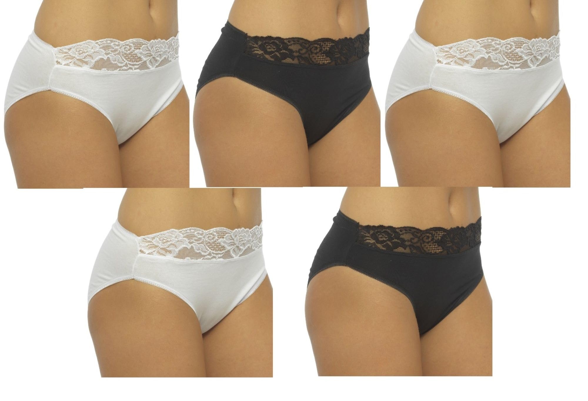 Jmc Trading Company Women's Black White Lace High Leg Briefs Knickers 5 Pack - Size 18 Cotton Stretch Underwear Pants Multipack For