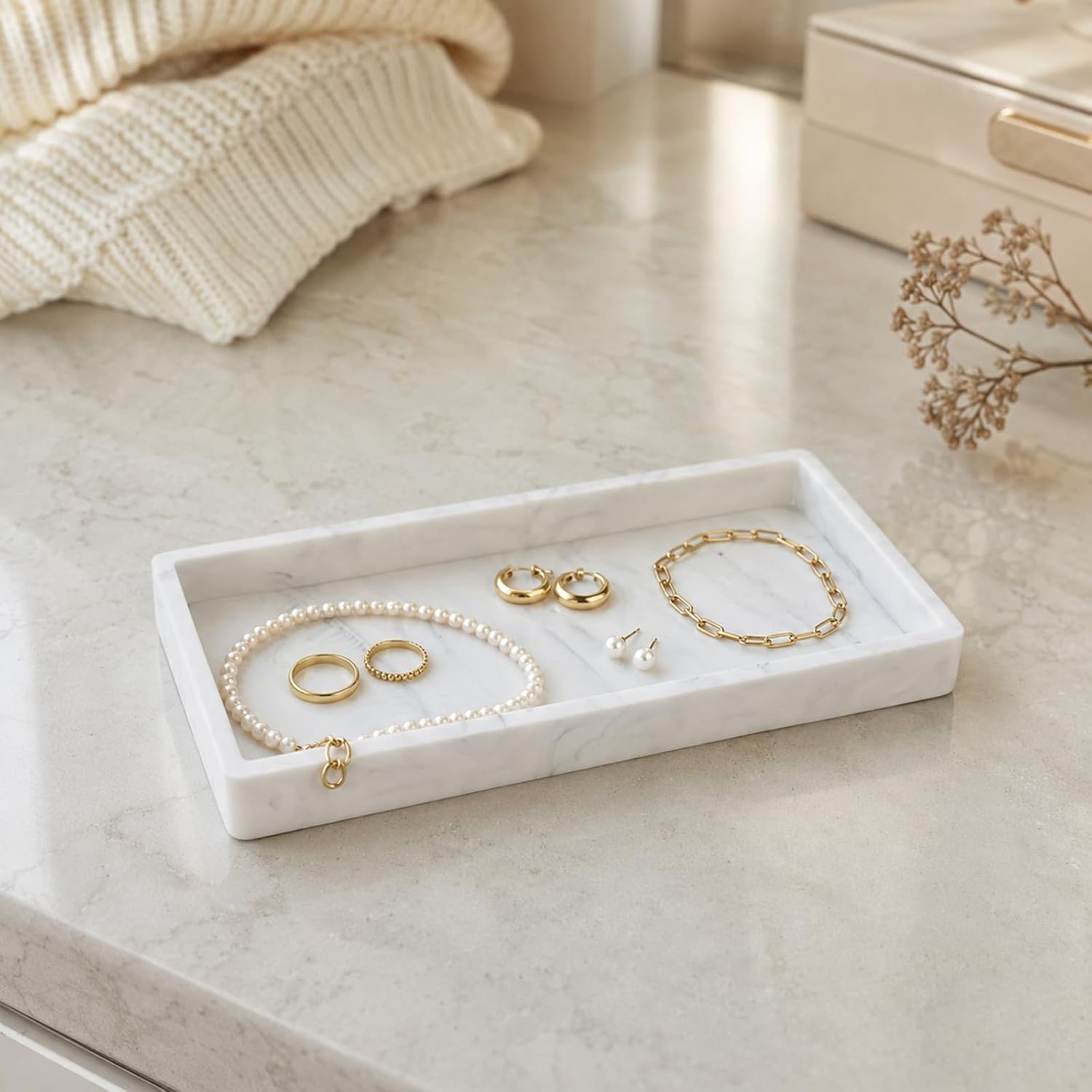 Vanity Tray for Bathroom Counter, Non-Slip Shatterproof Countertop Organizer Tray, Silicone Tray for Perfume, Jewelry, Keys, Cosmetics and Kitchen Storage, Marble-White 7.9 x 4 in