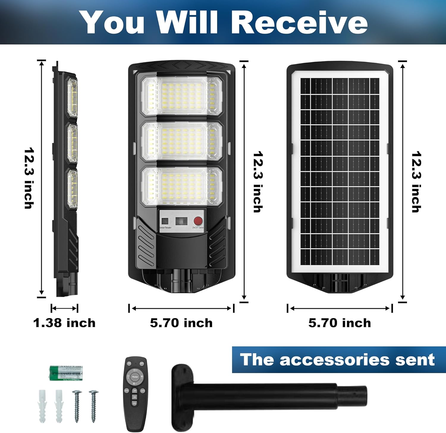 Solar Street Light 2-Pack, 6500K Outdoor Waterproof Induction Street Light, Flood Security Light with Remote Control Motion Sensor Dusk to Dawn Commercial Lighting for Parking Lot and Yard