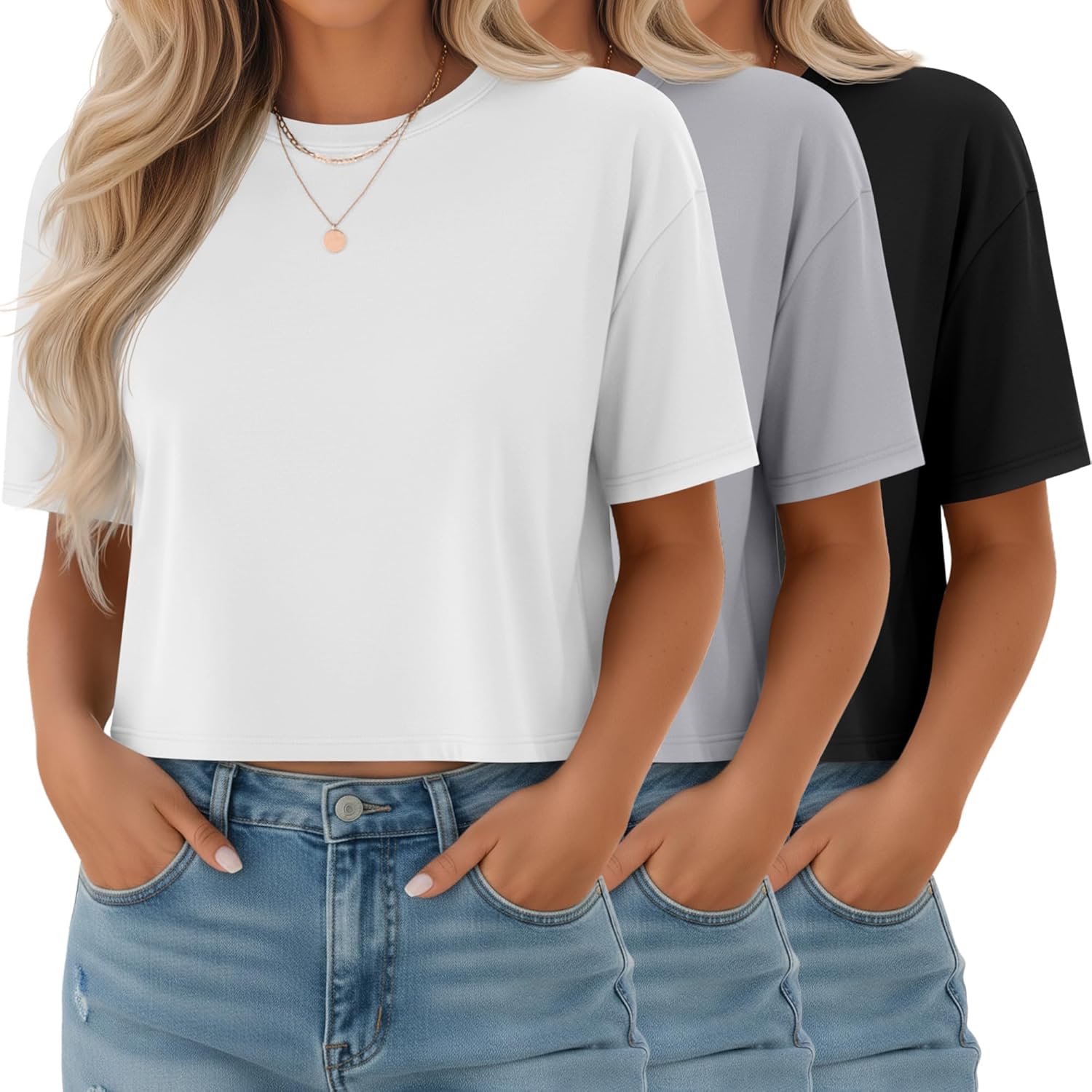 Ficerd 3 Pack Women Crop Tops Half Sleeve Cropped T Shirts Casual Crew Neck Drop Shoulder Loose Summer Solid Color