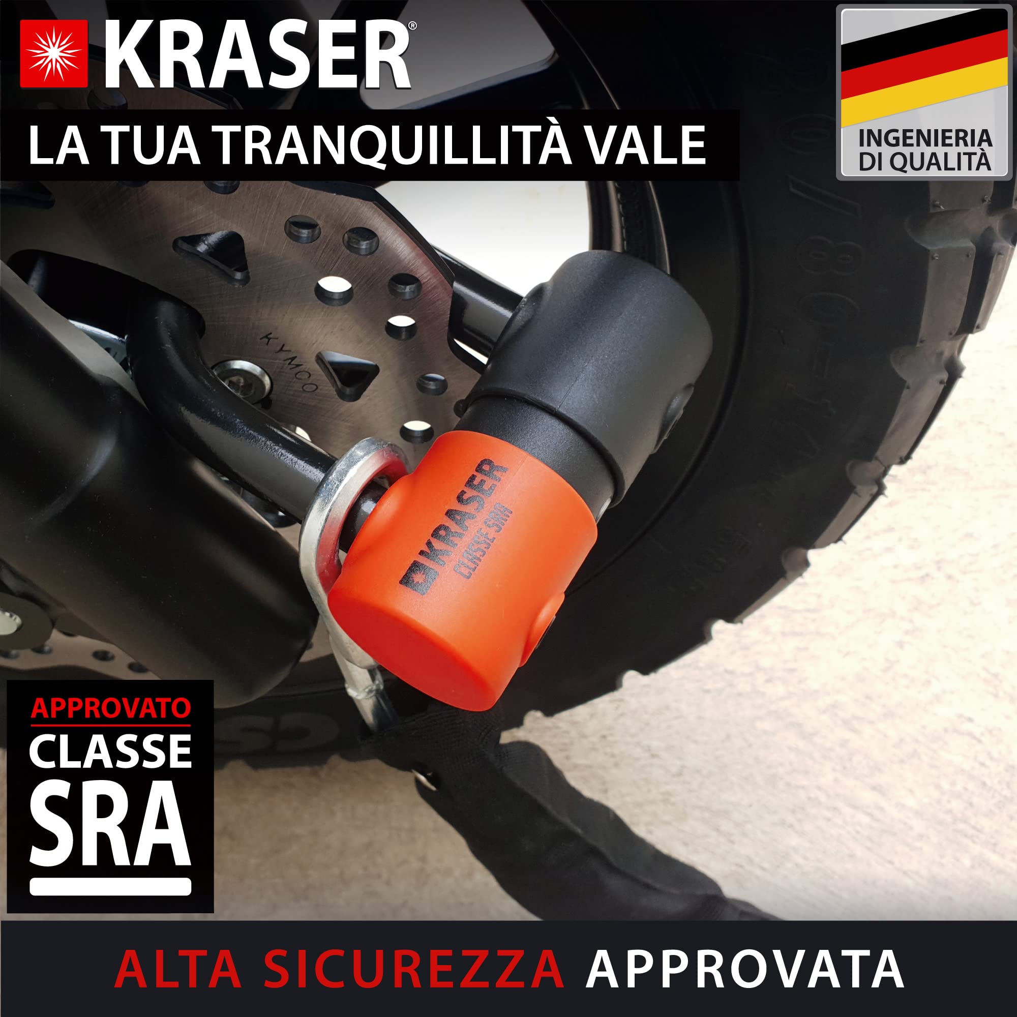 KRASER KR50+120L Catena Moto Antifurto Blocco Disco Omologato Sra Mini U Solid Bloccadisco Ø18 Set Incatenato 120 cm Ø10 Sistema ad Anello Multifunzione Motociclo Bicicletta Elettrica