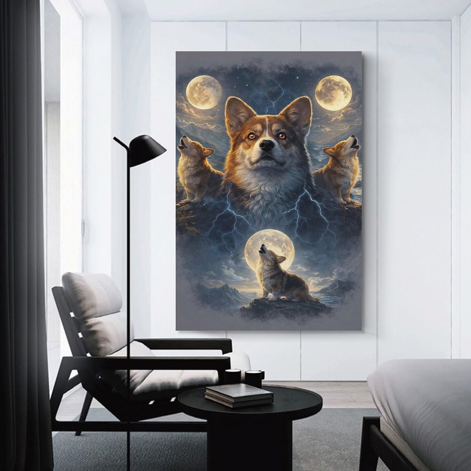 Junmoney Corgis Howling at The Moon Home Decor Wall Art, 24x36inch(60x90cm), for Home, Office, Studio Or Guest Room, An Adaptable Decor Piece for Home Use