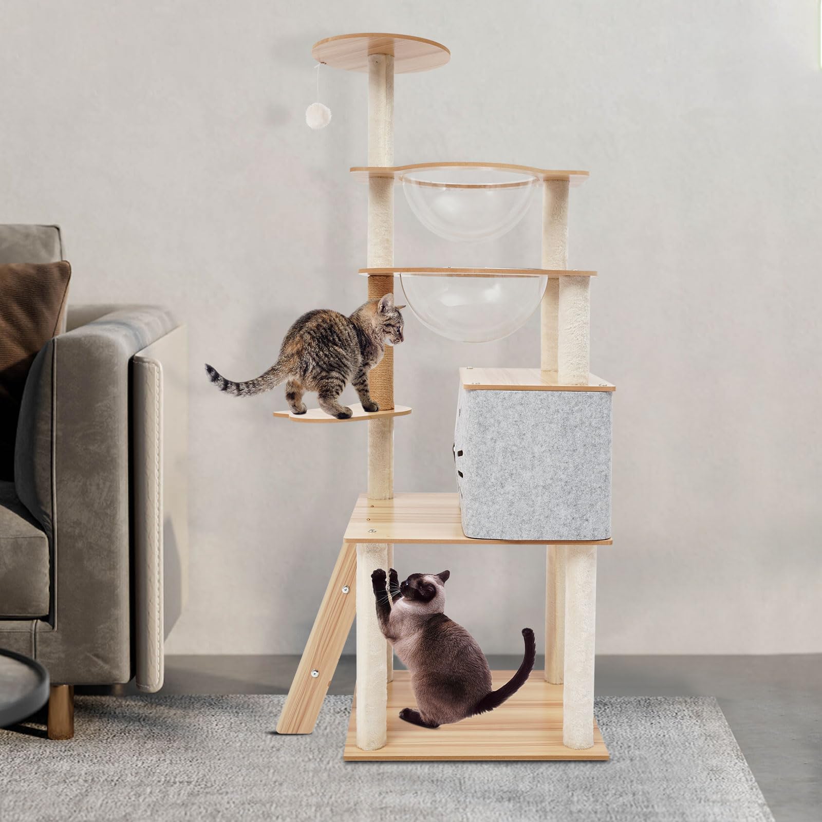 Rascador de madera, moderno árbol rascador para gatos con cueva para gatos, 50 × 40 × 135 cm, rascador para gatos grandes, estable, para 3-4 gatos pequeños y grandes, hasta 10 kg, gris