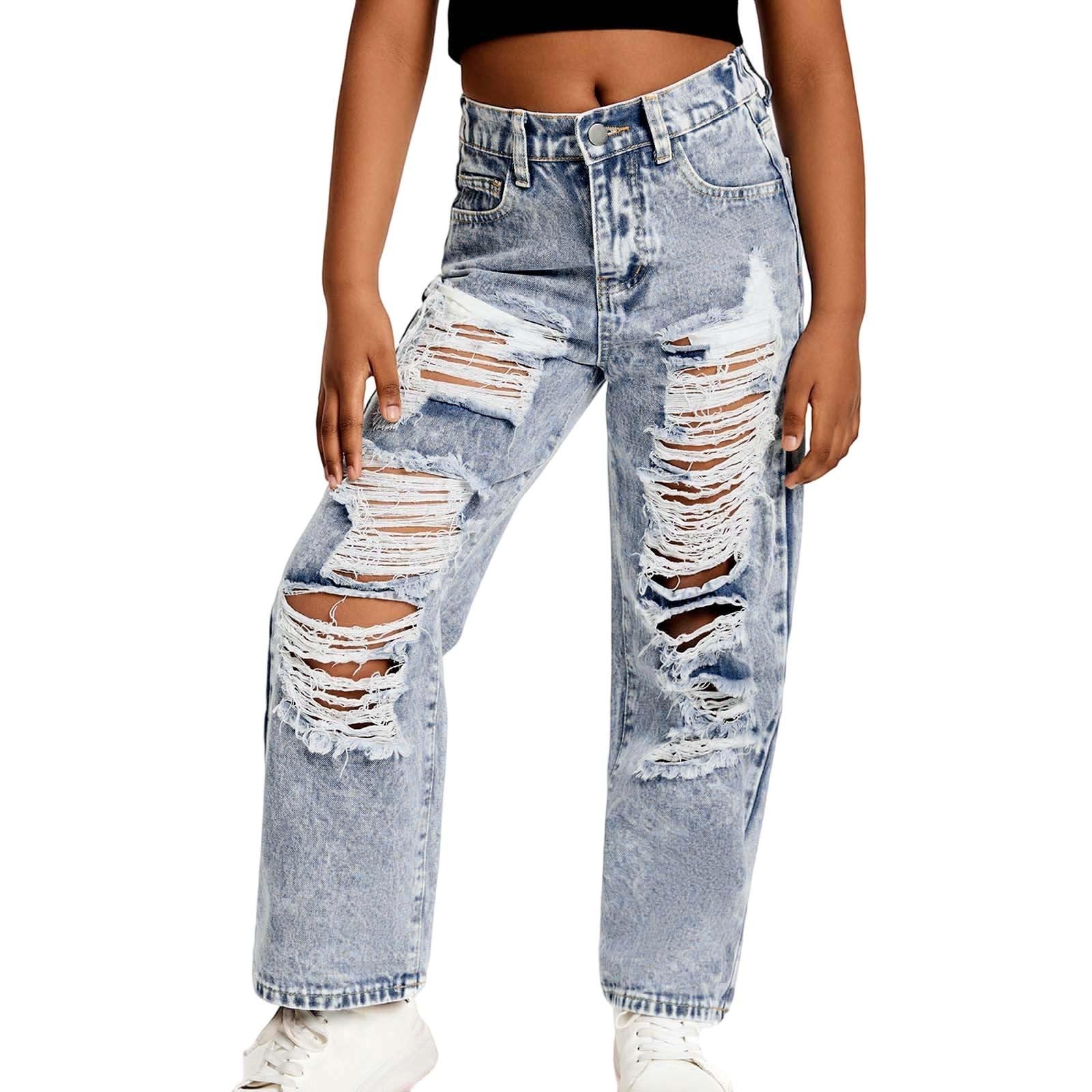 Generico Jeans Bambina 6-13 Anni Larghi Dritto Strappati Pantaloni Jeans Denim Ragazza Elastico in Vita Alta Comfort Pantaloni Lavoro Cargo Ampia Invernali con Tasconi Hip Hop Outdoor