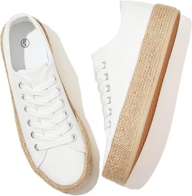 Waluzs Canvas Shoes for Women White Platform Sneakers Low Top Lace Up Tennis Shoes Comfortable Casual Walking Shoes