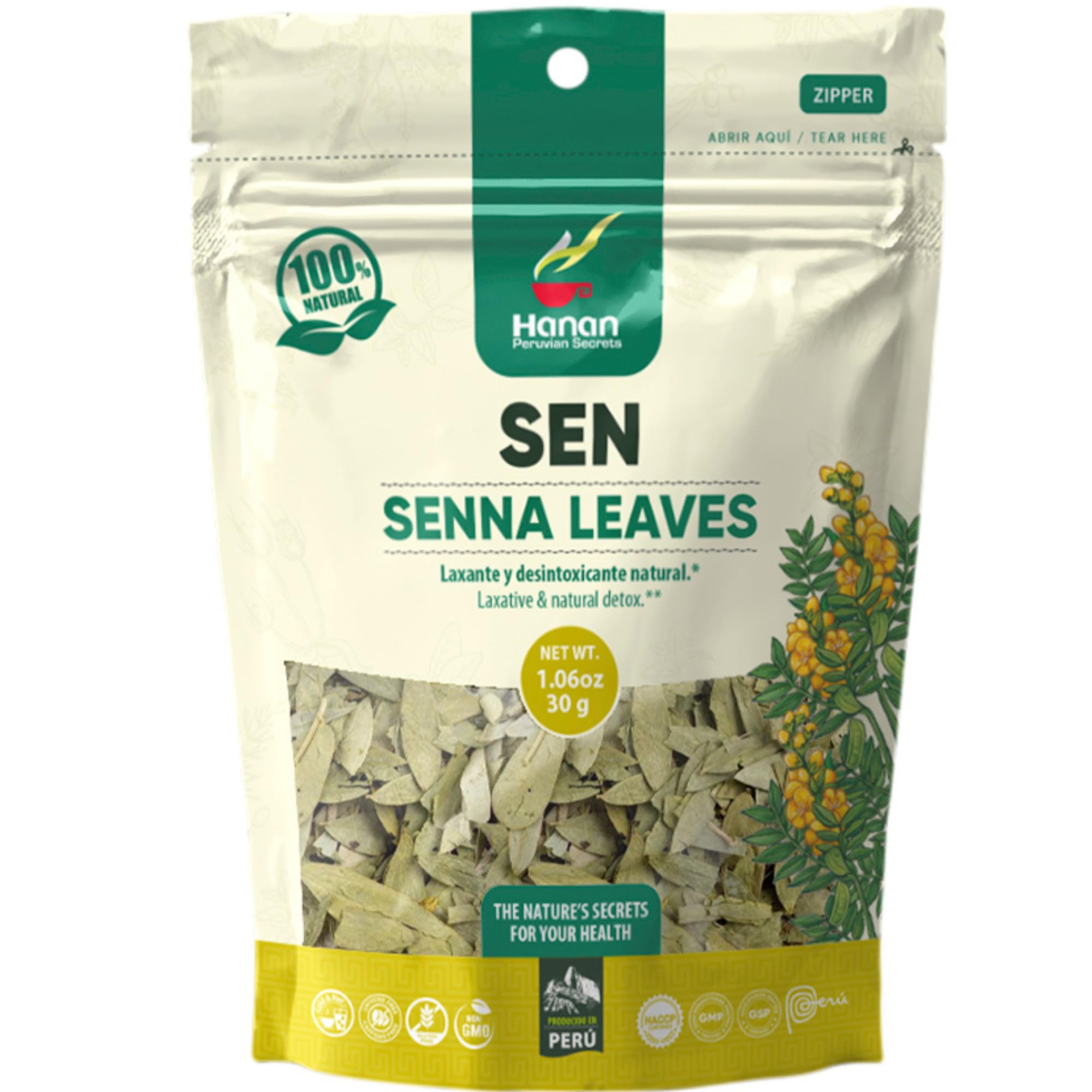 Hanan Senna Leaves (Sen) - Loose Leaf Herbal Tea for Constipation & Weight Loss - 1.1 oz (30 g) All-Natural Wooly Senna Dried Herbs from Peru for Detox, Laxative, Slimming and to Cleanse Bowels