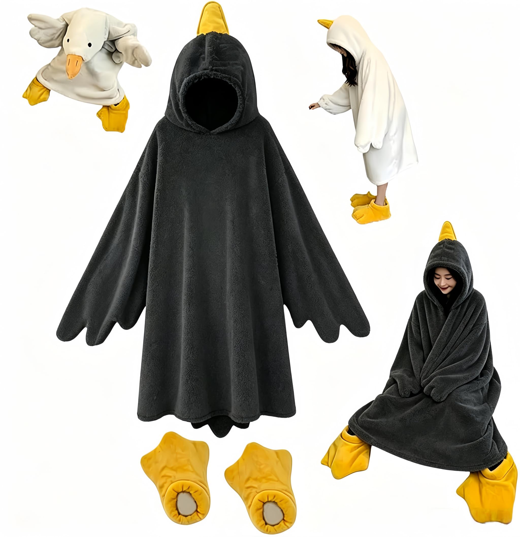 Duck Hoodie Blanket Costume, Soft Wearable Goose Onesie for Kids with Sleeves and Feet Slippers, Warm Cozy Sleeping Bag (UK, Alpha, S, Regular, Regular, Black)