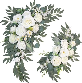 Wedding Arch Faux Flowers Set of 2, Welcome Sign Floral Decoration and Wedding Signs for Ceremony Reception Table Home Decoration 2ps White