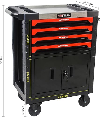 Miniatura 2 de Cofre de herramientas con cajones con cerradura y banco de trabajo superior de acero inoxidable, carrito de herramientas rodante sobre ruedas para