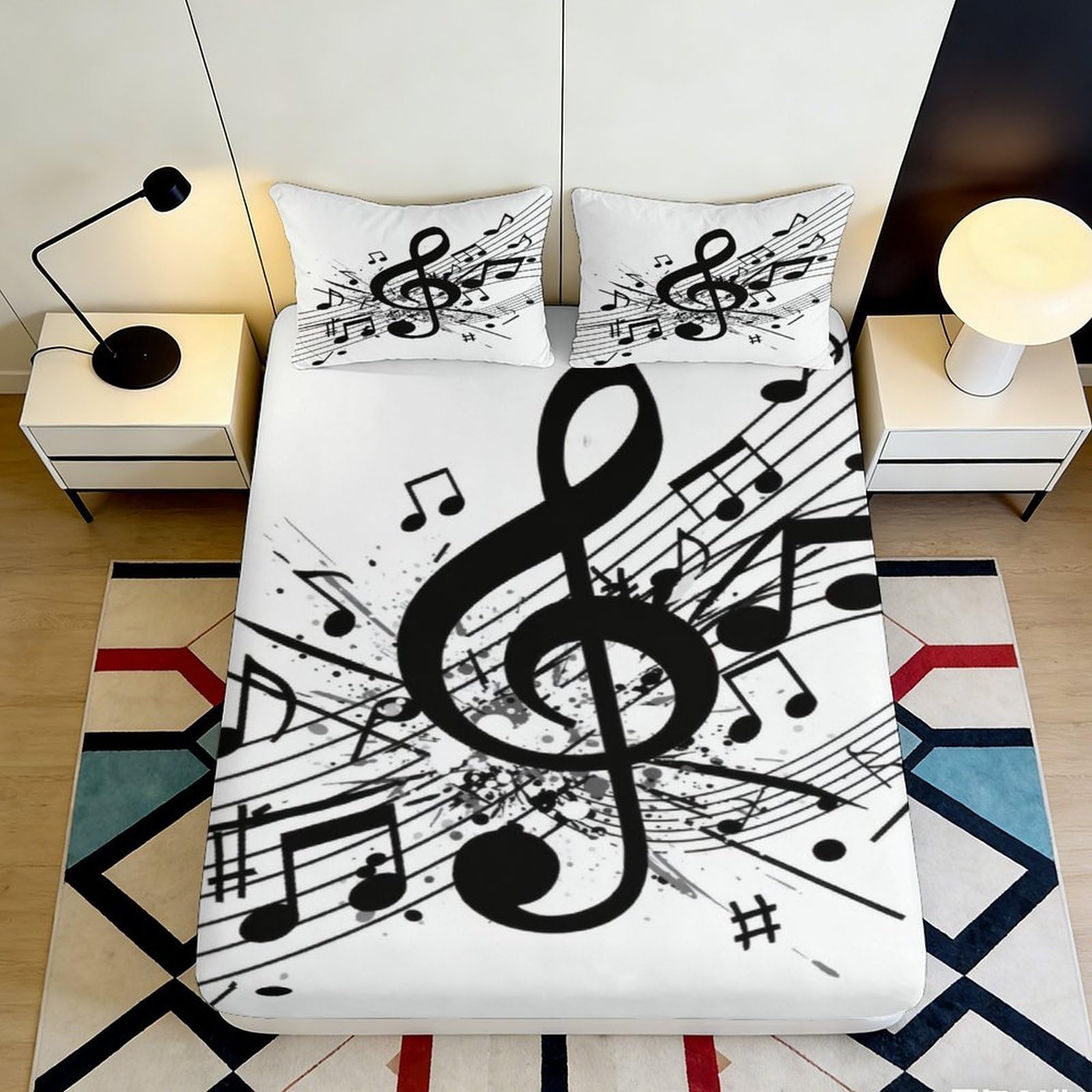 3D Printed Music Note Fitted Sheet Microfiber Soft Black White Treble Clef Bed Cover for Bedroom Guest Room Decor 200x200x25cm