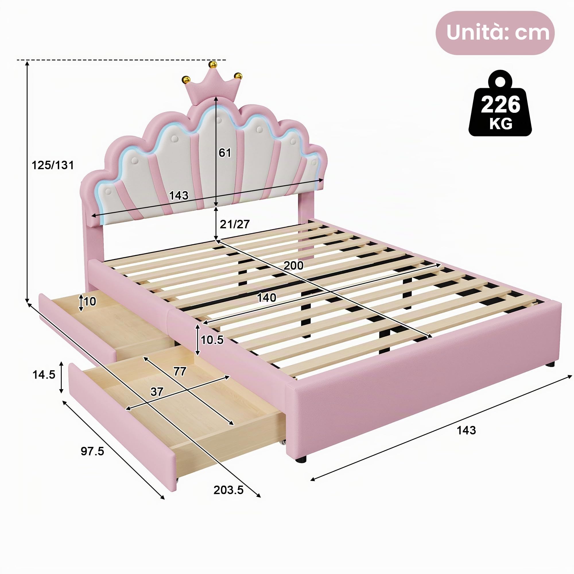 Letto imbottito, luce ambiente telecomandata, letto con 2 cassetti, letto principesse a forma di corona, testiera regolabile, PU (senza materasso) (rosa, 140 x 200 cm)