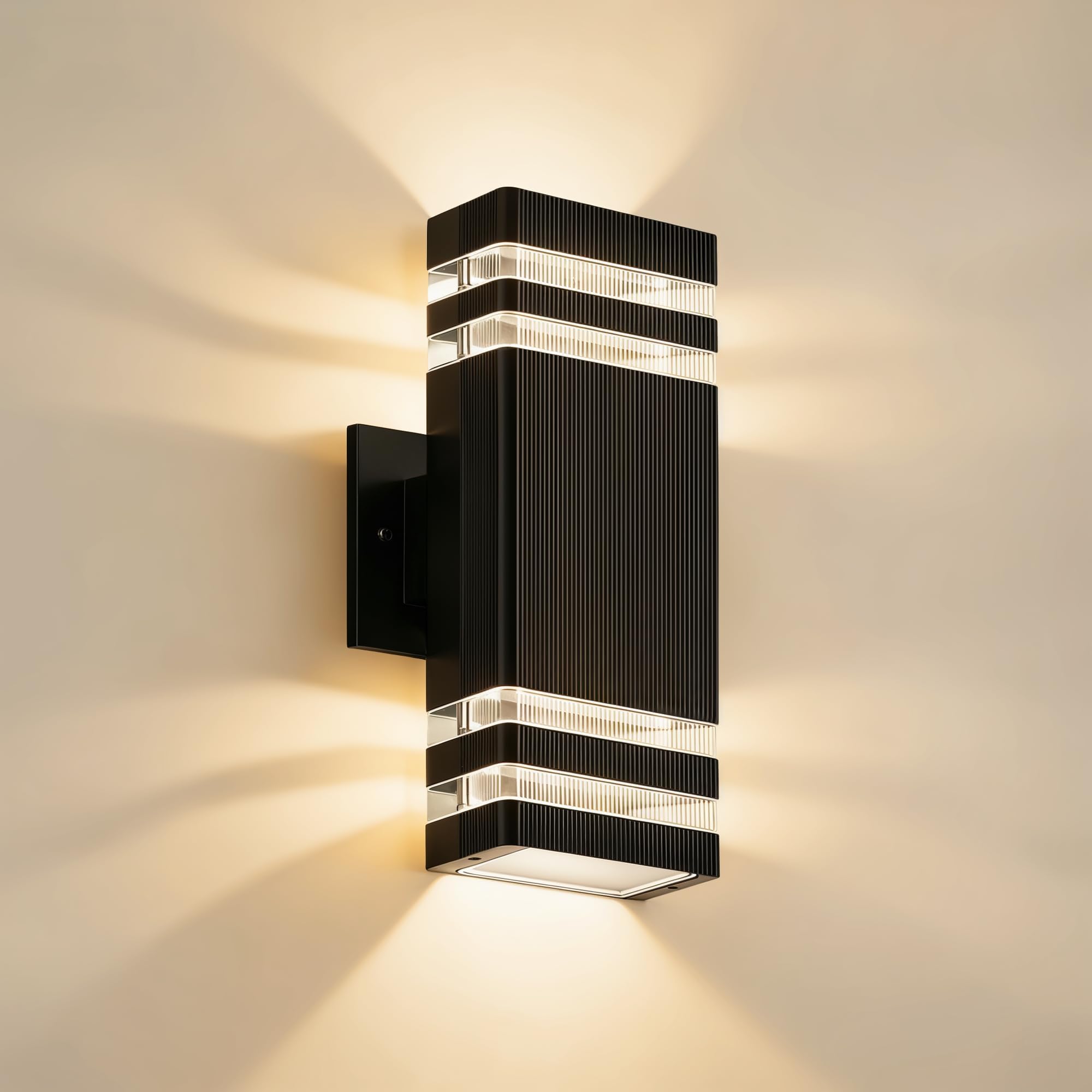 Square Outdoor Wall Lights, Up and Down Wall Mount with 2 * 7W LED Bulbs 3000K Warm White Waterproof Plastic Exterior Lighting Fixtures for Porch, House, Garage, Patio, Black