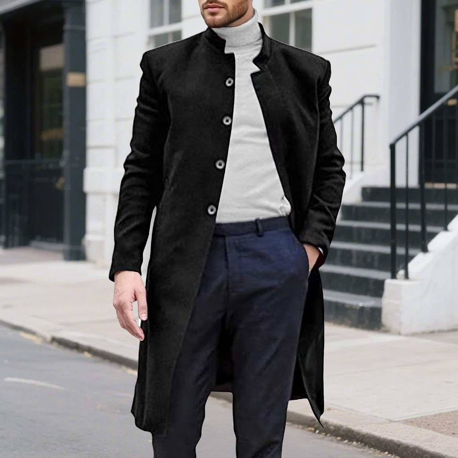 Maiyifu-GJ Men's Fall Winter Wool Blend Trench Coat Slim Fit Single Breasted Pea Coat Stand Collar Casual Business Overcoat